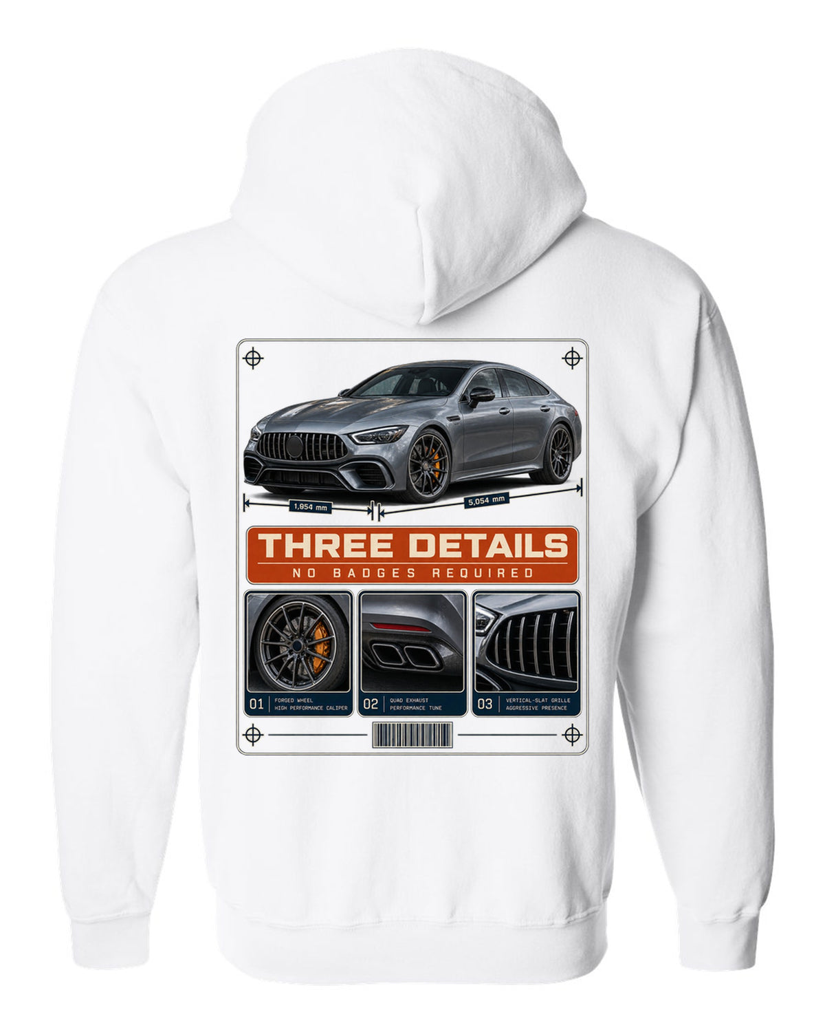 Mercedes-AMG GT 63 S 4-Door X290 dossier panel design in slate and orange white zip hoodie back view with the design