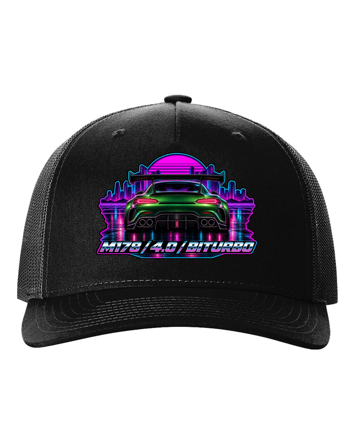 Cyanotype blueprint style engine bay illustration of a Mercedes AMG GT C190 with M178 557 PS text black hat front view with the design