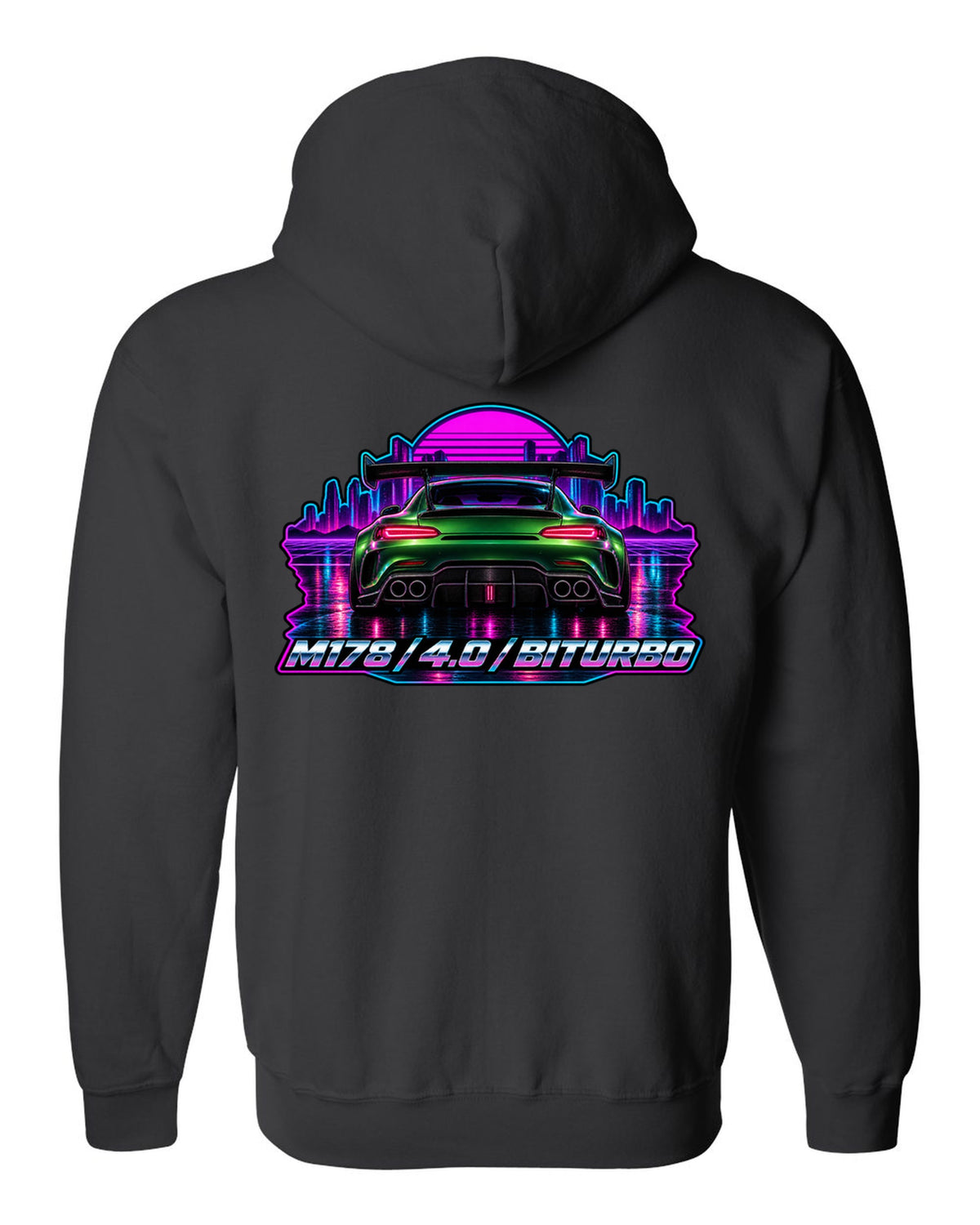 Cyanotype blueprint style engine bay illustration of a Mercedes AMG GT C190 with M178 557 PS text black zip hoodie back view with the design
