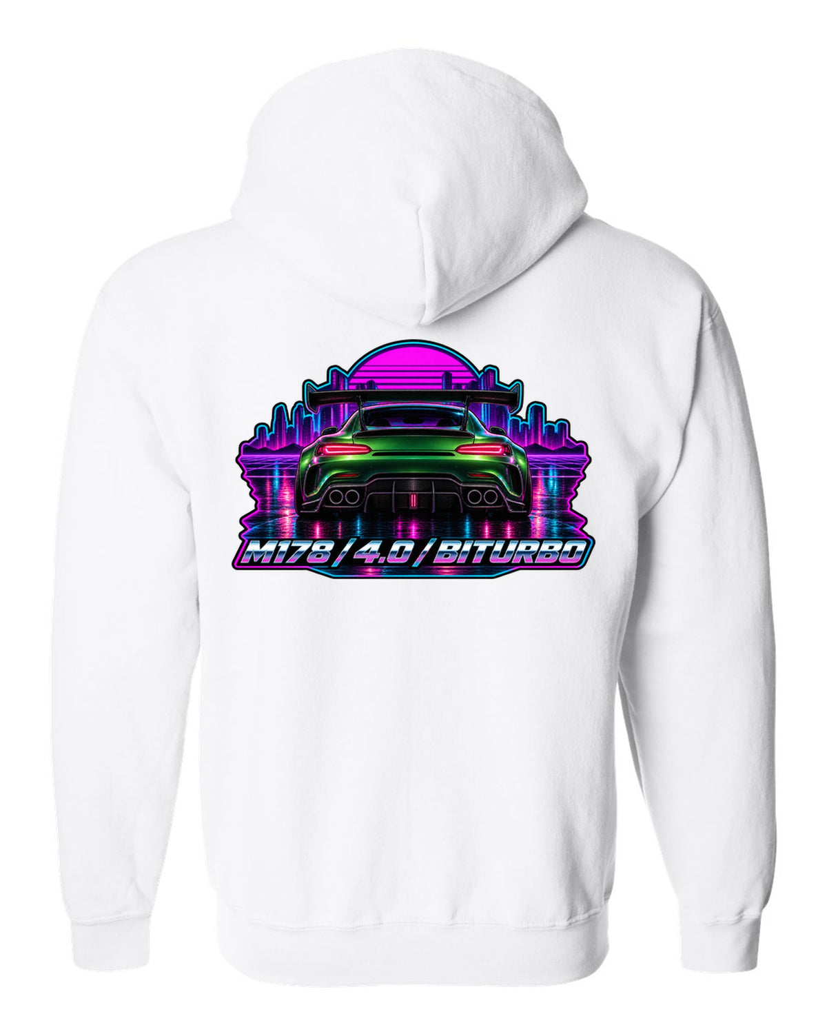 Cyanotype blueprint style engine bay illustration of a Mercedes AMG GT C190 with M178 557 PS text white zip hoodie back view with the design