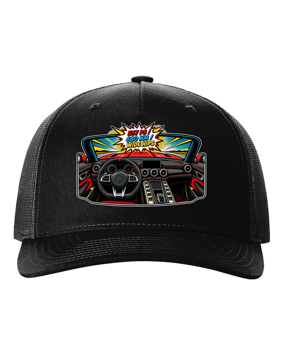 Isometric topographic route map of the Nordschleife with Flugplatz and Schwedenkreuz text for a Mercedes AMG GT C190 black hat front view with the design