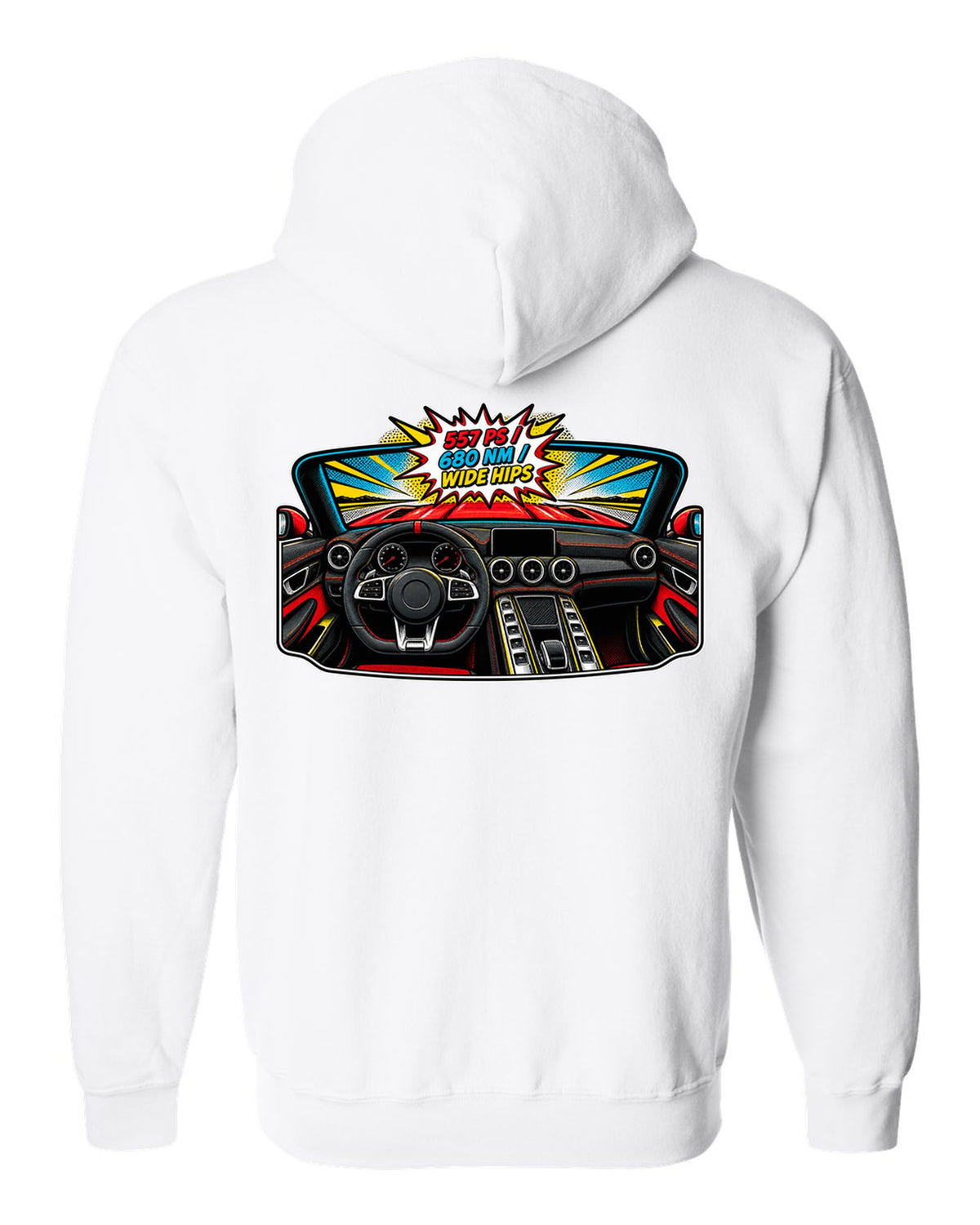Isometric topographic route map of the Nordschleife with Flugplatz and Schwedenkreuz text for a Mercedes AMG GT C190 white zip hoodie back view with the design