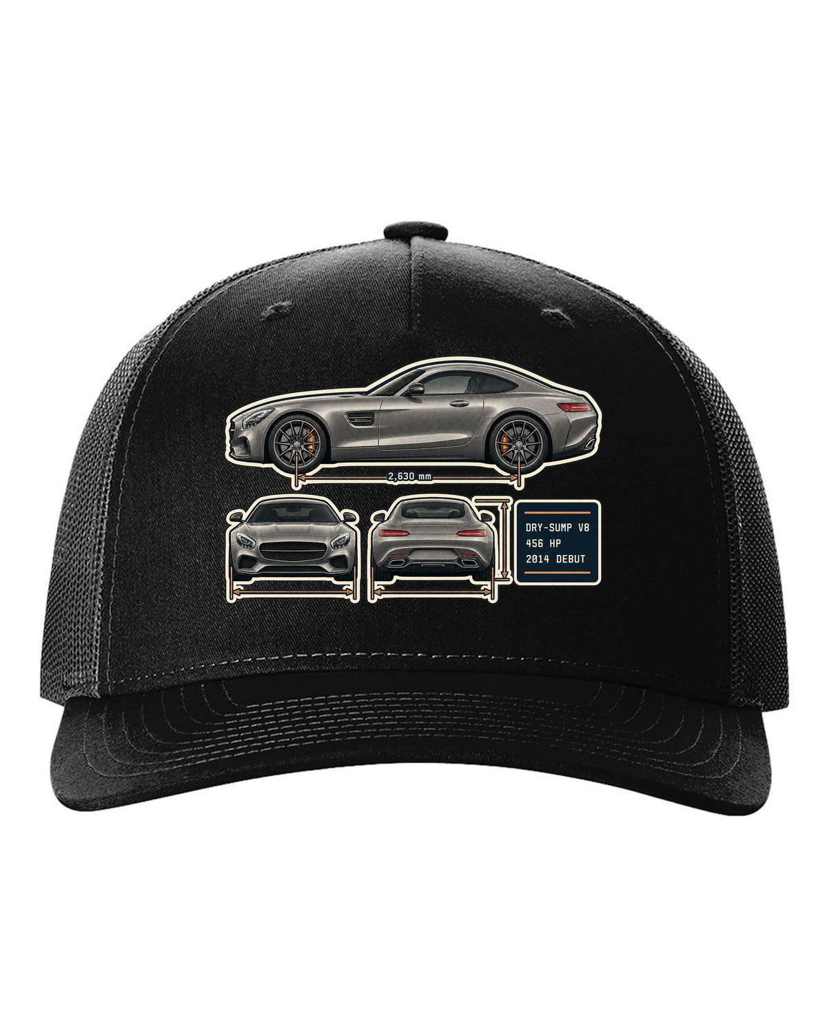 Mercedes-AMG GT C190 three-view and spec table print black hat front view with the design