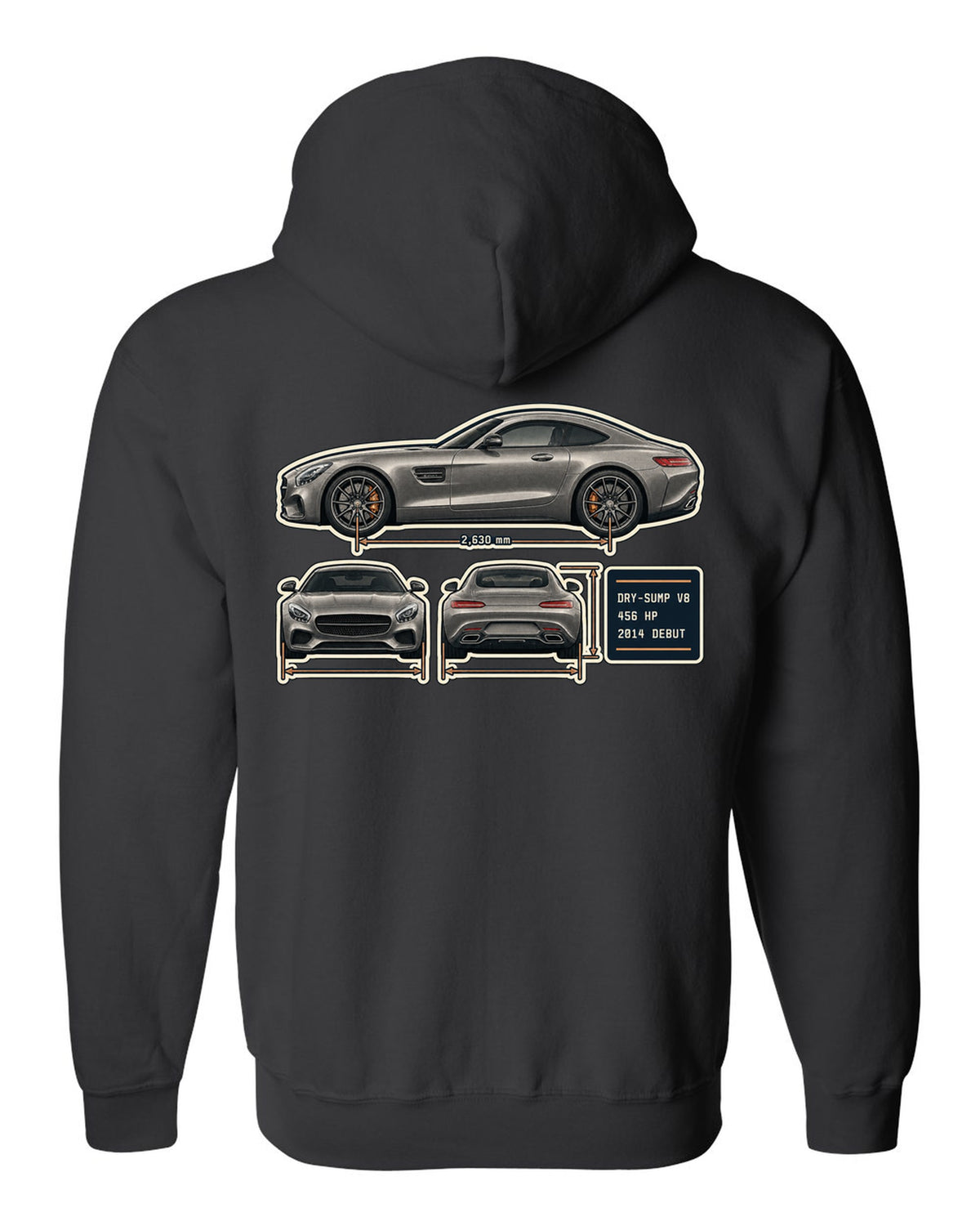 Mercedes-AMG GT C190 three-view and spec table print black zip hoodie back view with the design