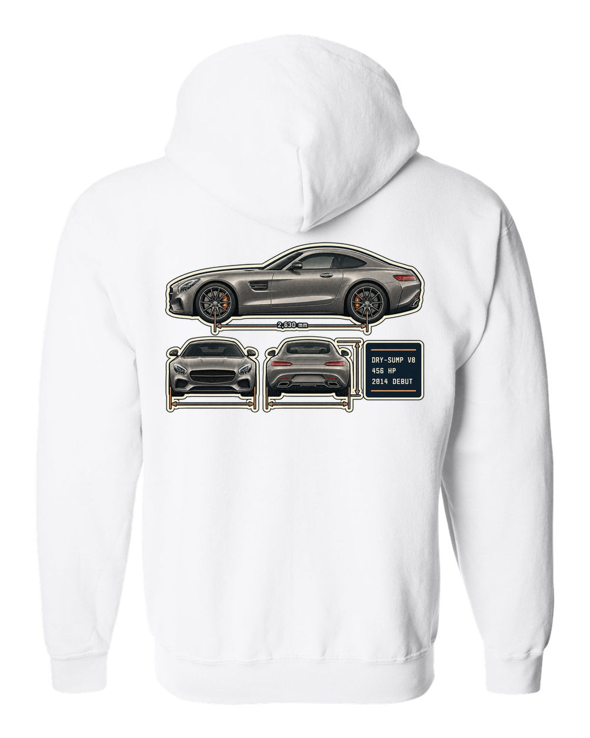Mercedes-AMG GT C190 three-view and spec table print white zip hoodie back view with the design