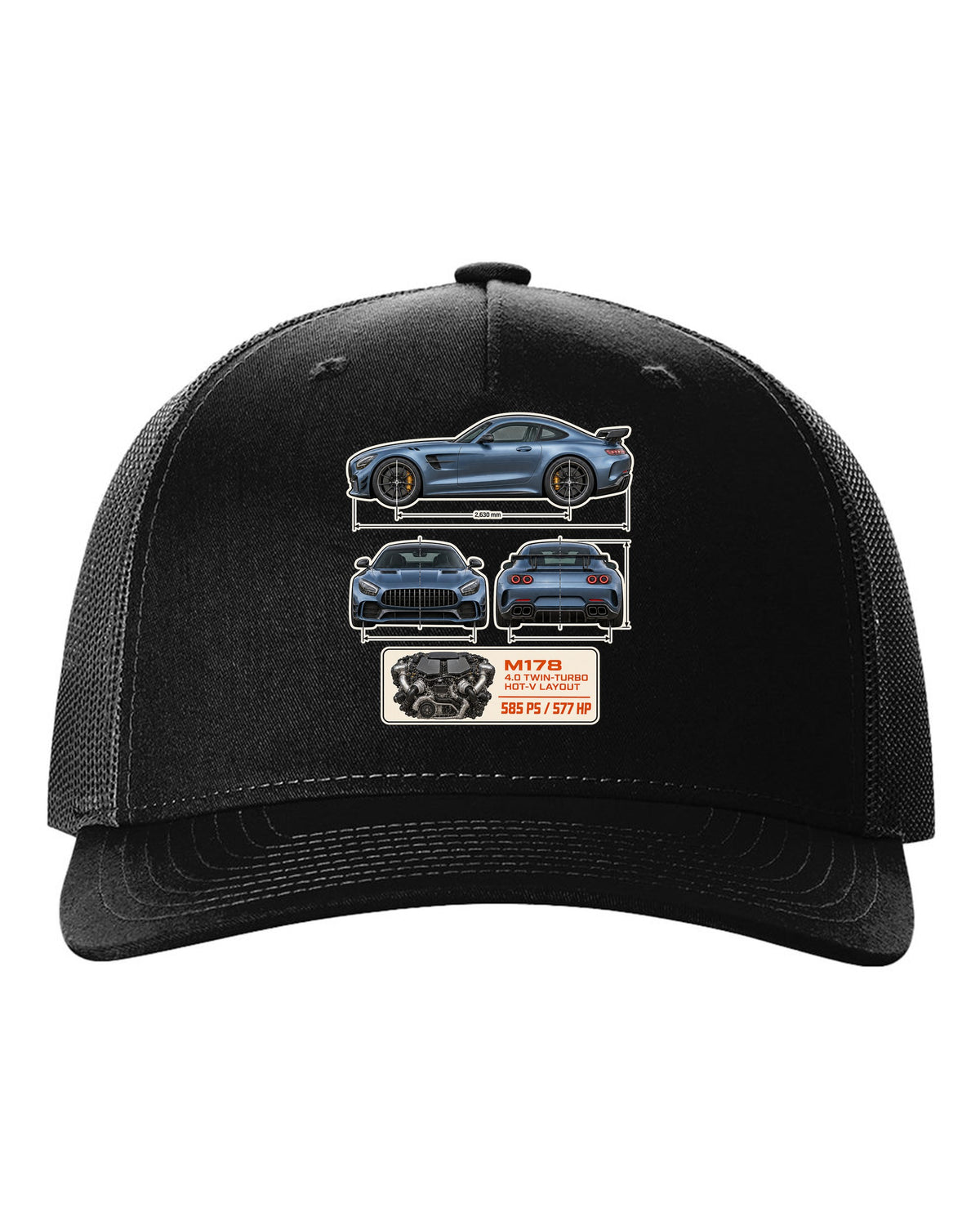 Mercedes-AMG GT R C190 dimension blueprint print black hat front view with the design