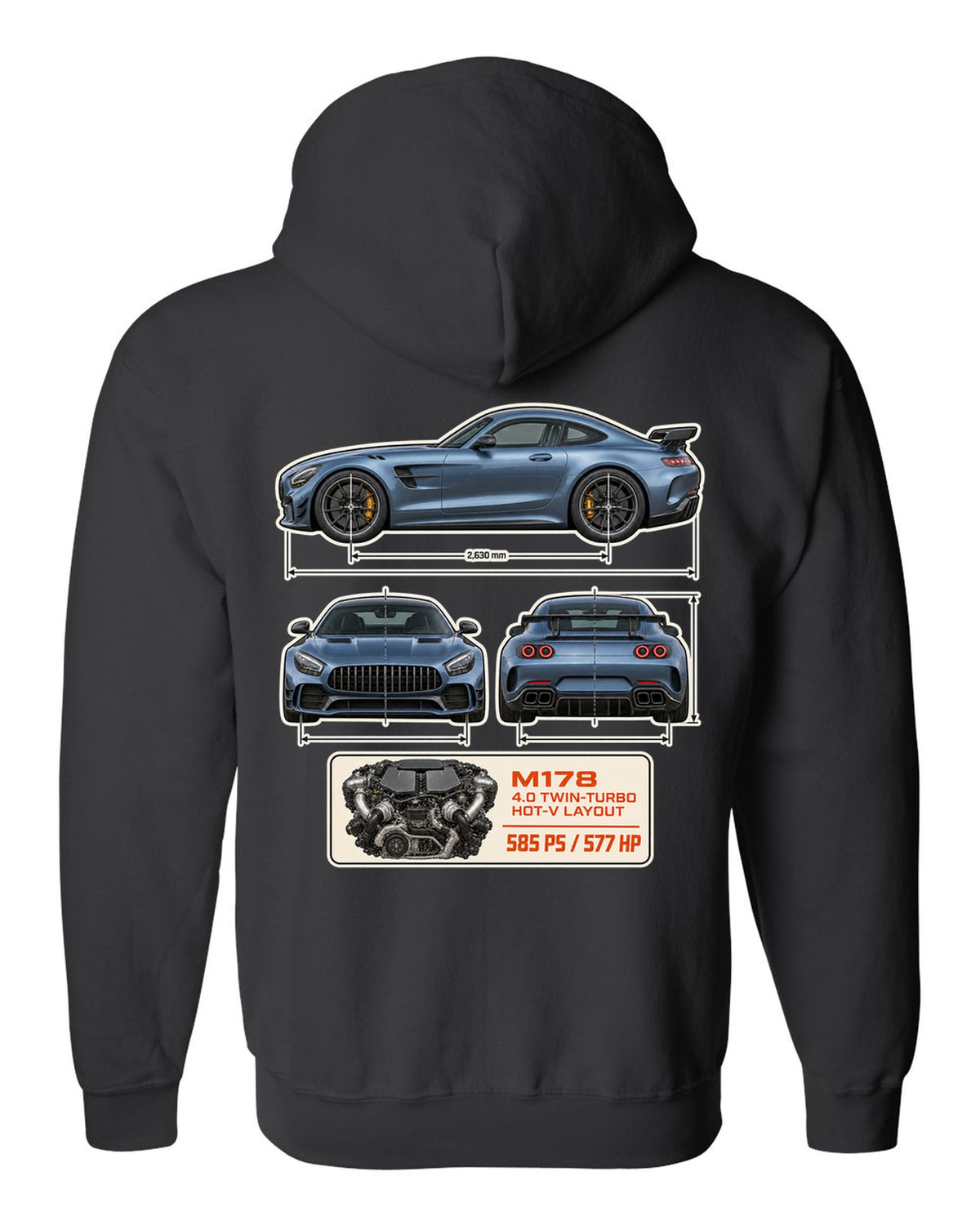 Mercedes-AMG GT R C190 dimension blueprint print black zip hoodie back view with the design