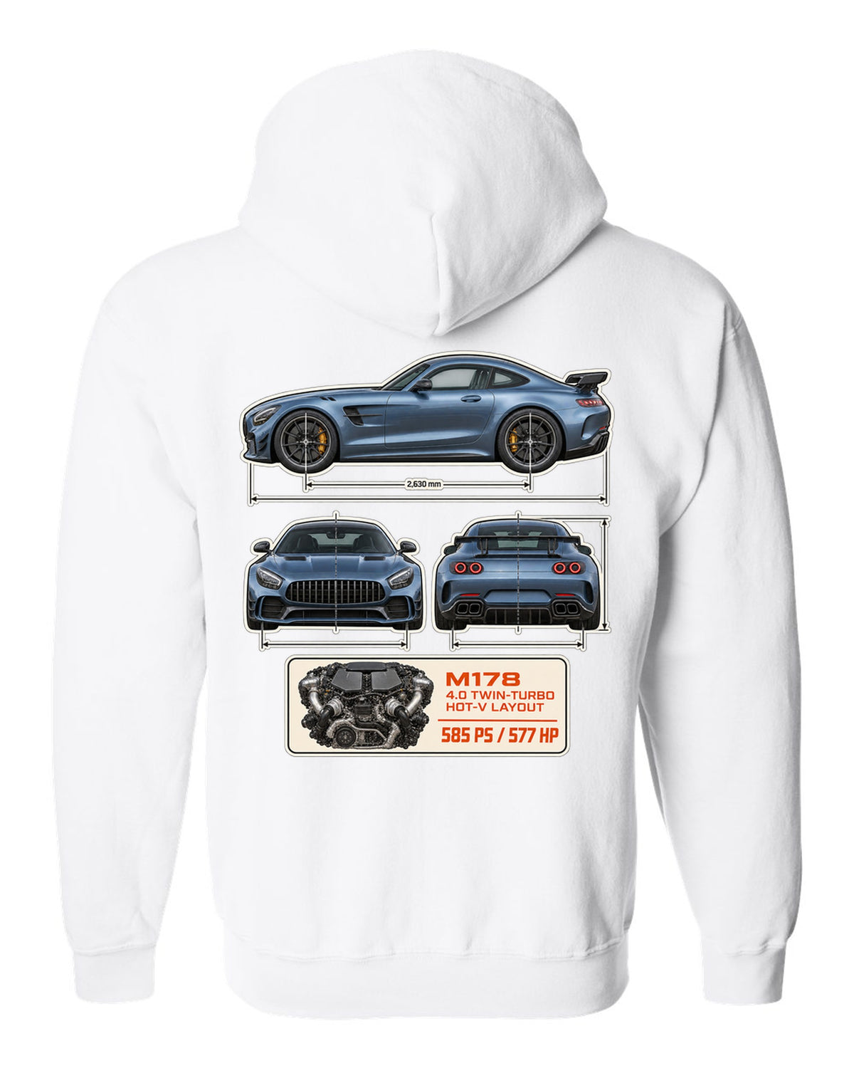 Mercedes-AMG GT R C190 dimension blueprint print white zip hoodie back view with the design