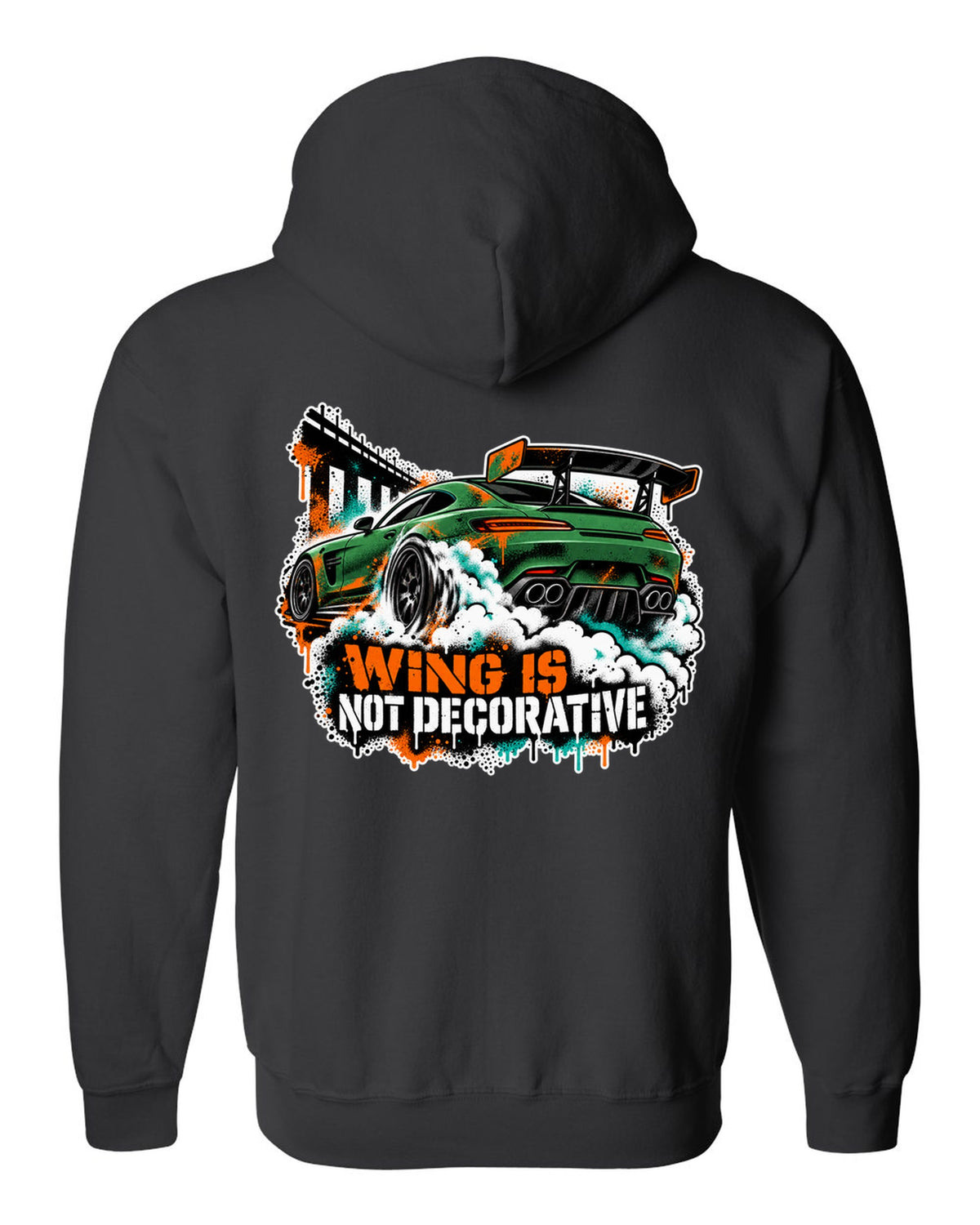 Risograph spot colour illustration of a Mercedes AMG GT R C190 in a garage with Track Day Monday Bill text black zip hoodie back view with the design