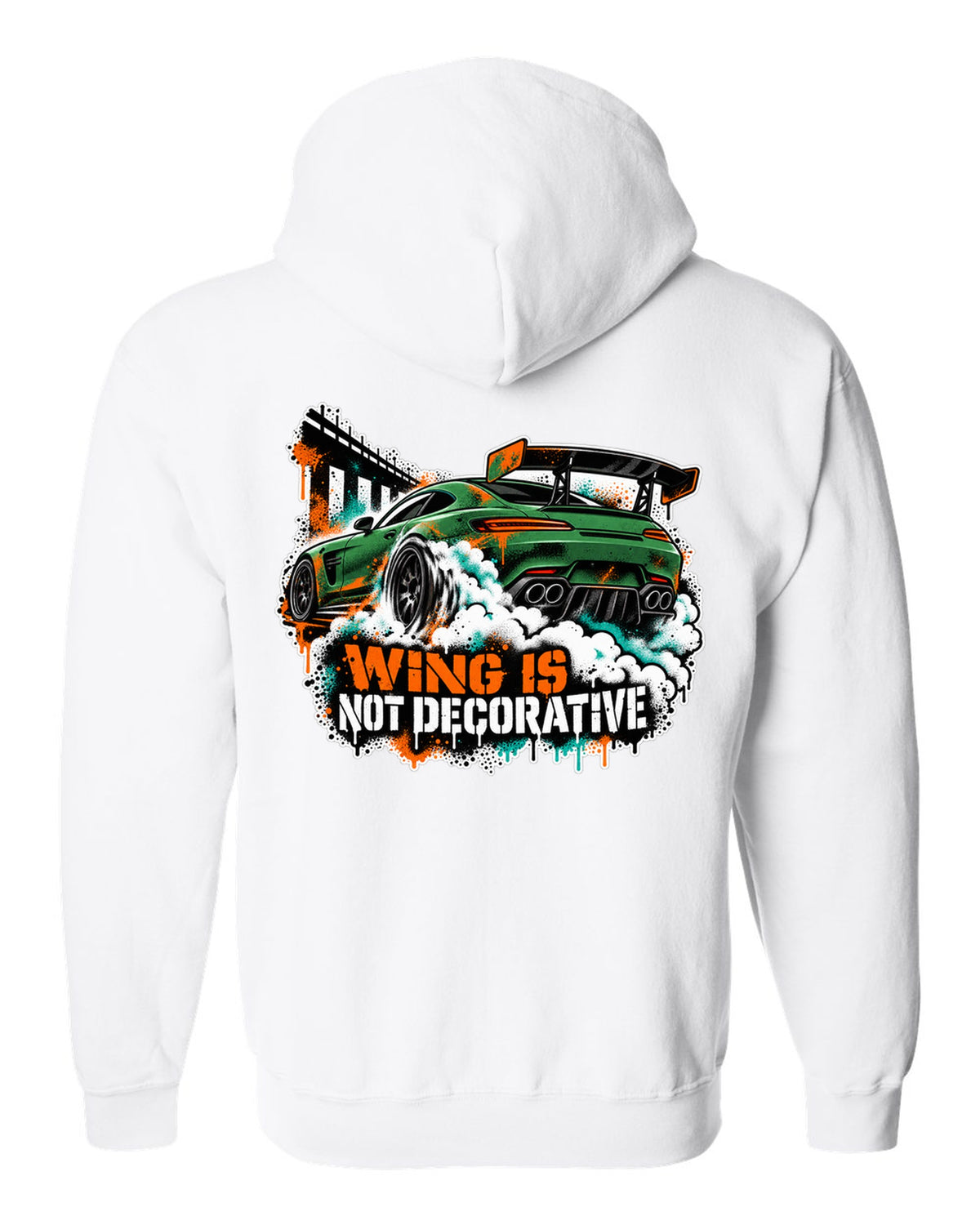 Risograph spot colour illustration of a Mercedes AMG GT R C190 in a garage with Track Day Monday Bill text white zip hoodie back view with the design
