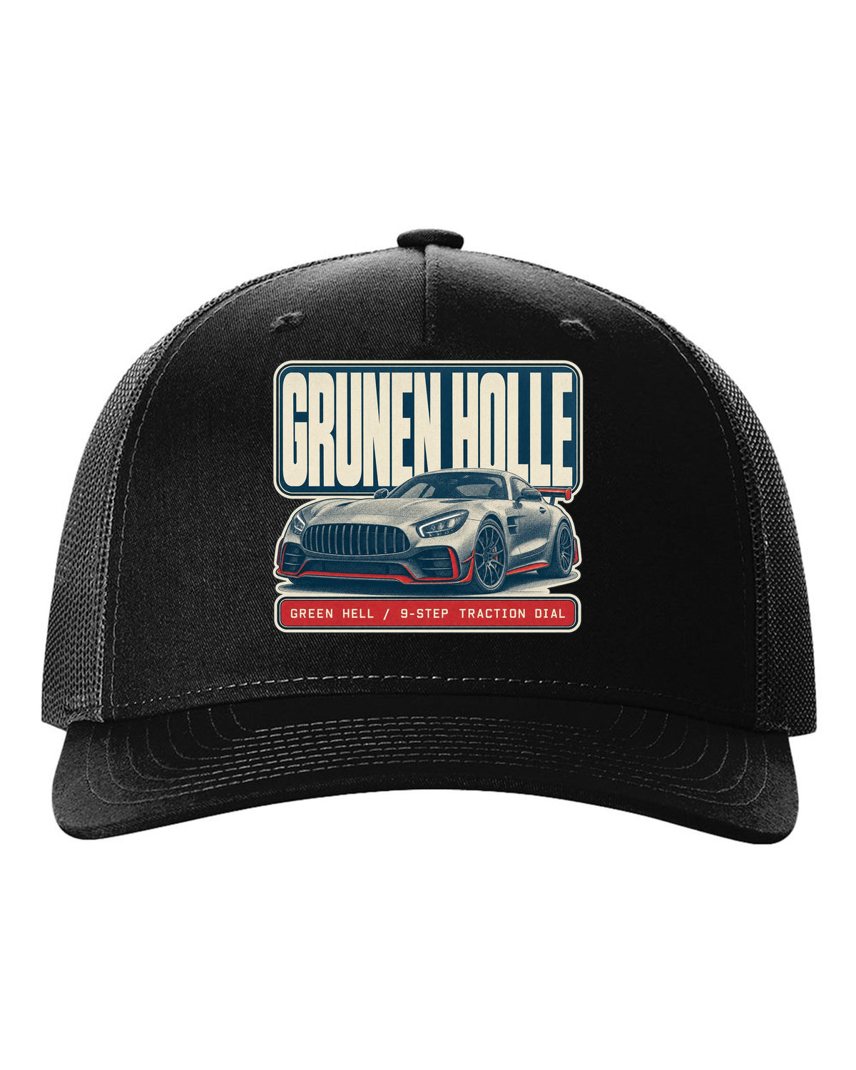 Mercedes-AMG GT R C190 halftone Green Hell print black hat front view with the design