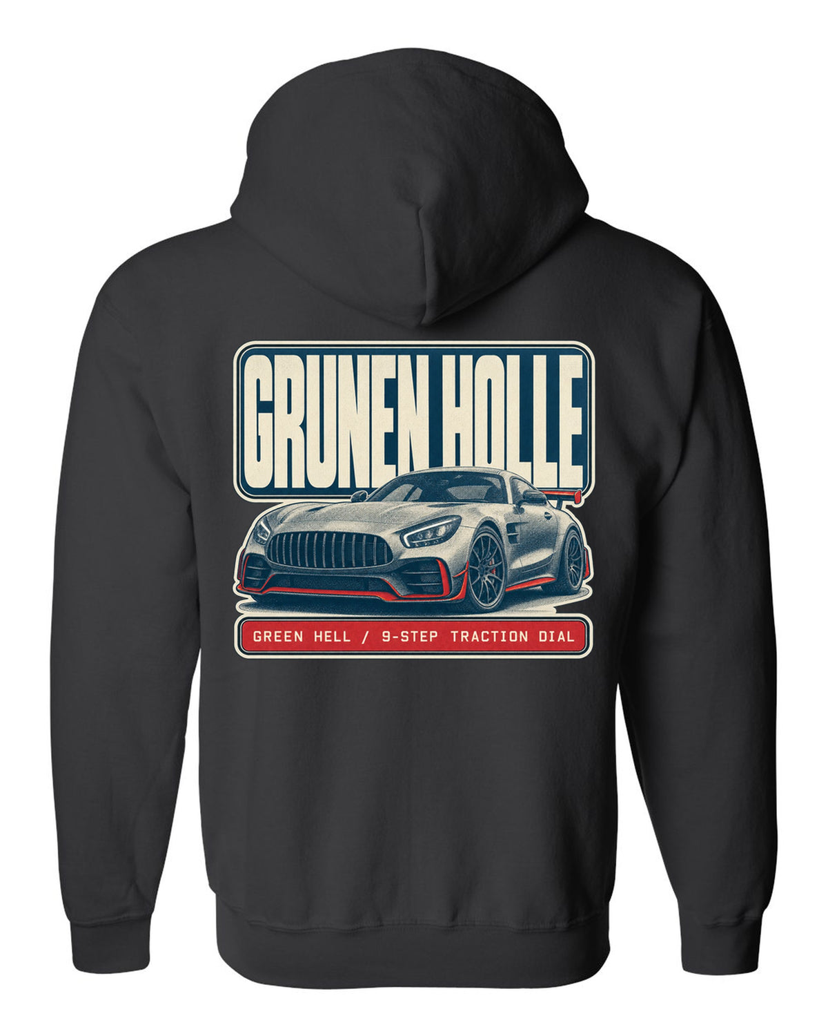 Mercedes-AMG GT R C190 halftone Green Hell print black zip hoodie back view with the design
