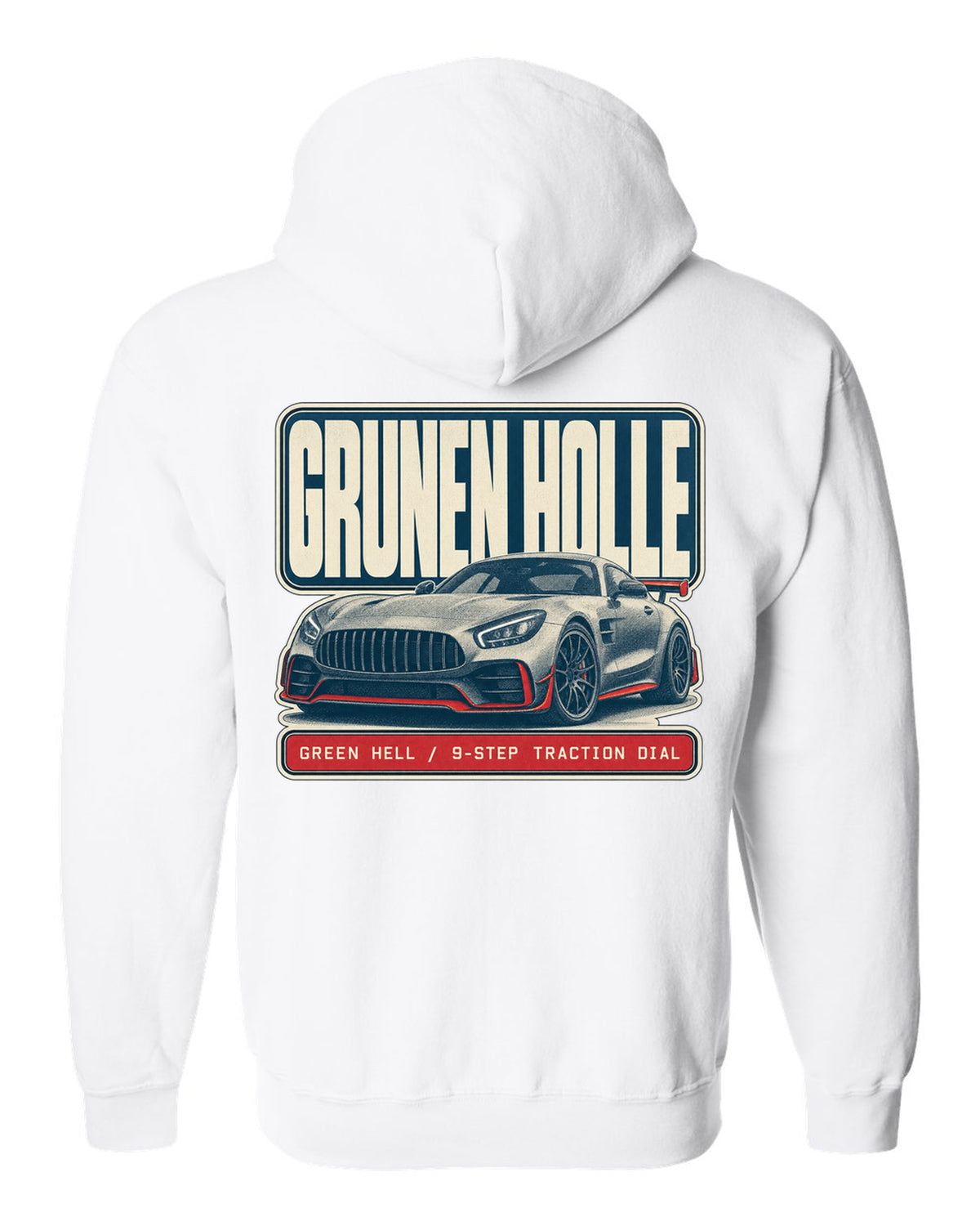 Mercedes-AMG GT R C190 halftone Green Hell print white zip hoodie back view with the design
