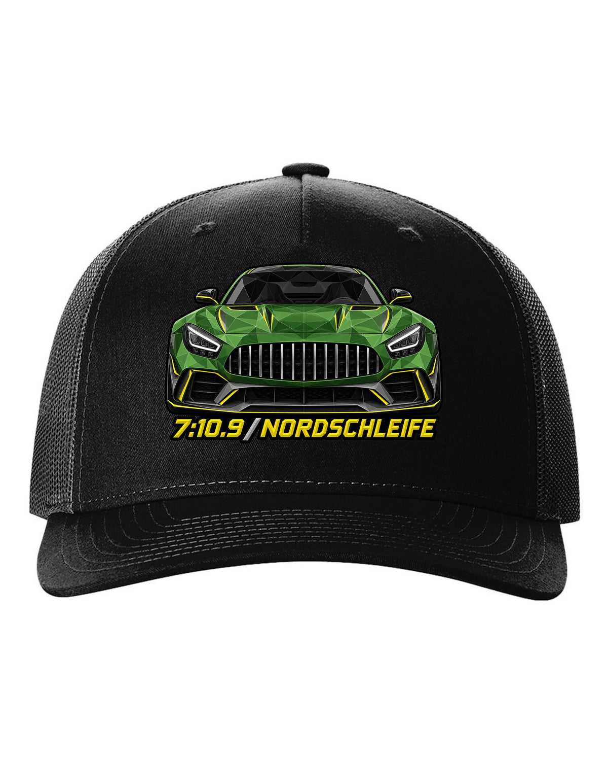 Low-poly wireframe illustration of a Mercedes AMG GT R C190 with 7:10.9 Nordschleife text black hat front view with the design