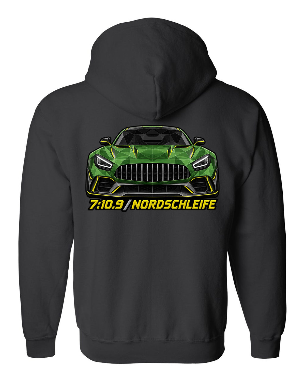 Low-poly wireframe illustration of a Mercedes AMG GT R C190 with 7:10.9 Nordschleife text black zip hoodie back view with the design