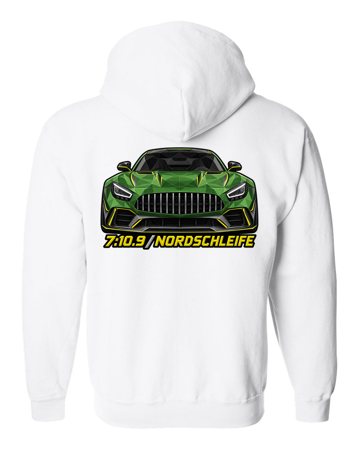 Low-poly wireframe illustration of a Mercedes AMG GT R C190 with 7:10.9 Nordschleife text white zip hoodie back view with the design