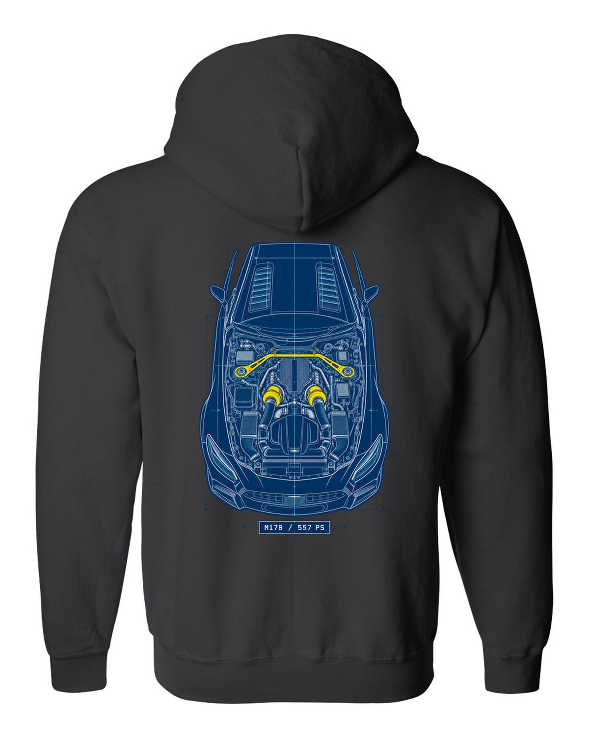 Neon synthwave illustration of Mercedes AMG GT R C190 tail lights with M178 4.0 Biturbo text black zip hoodie back view with the design