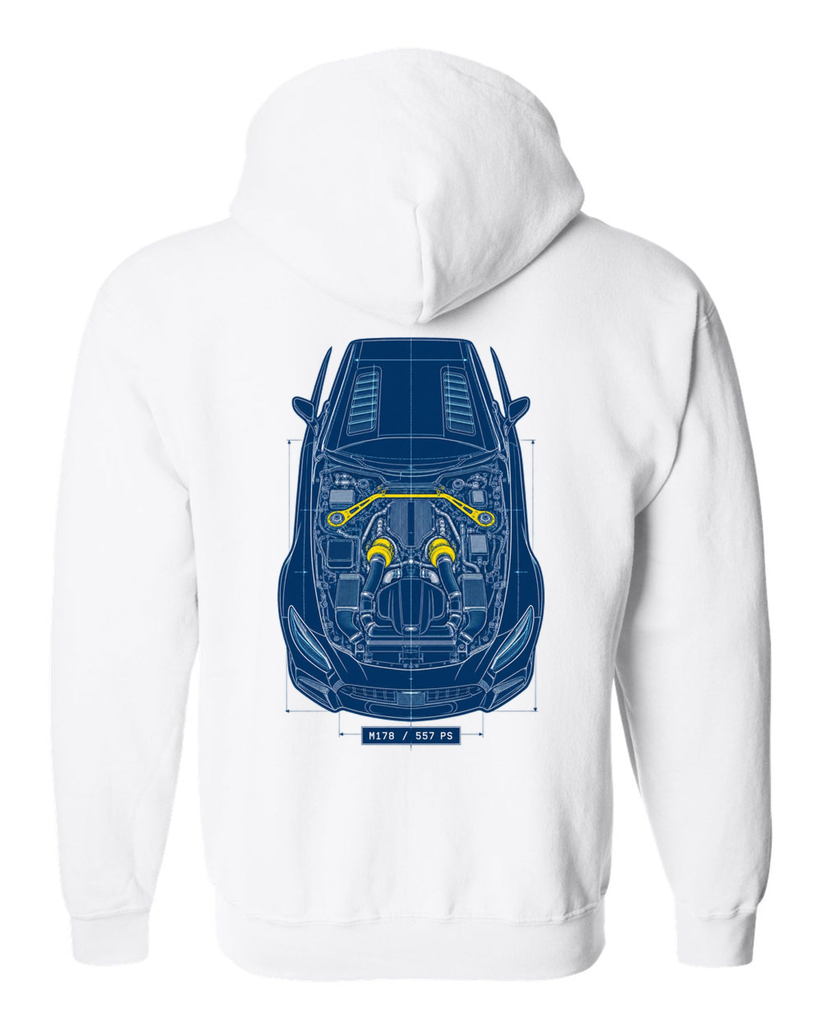 Neon synthwave illustration of Mercedes AMG GT R C190 tail lights with M178 4.0 Biturbo text white zip hoodie back view with the design