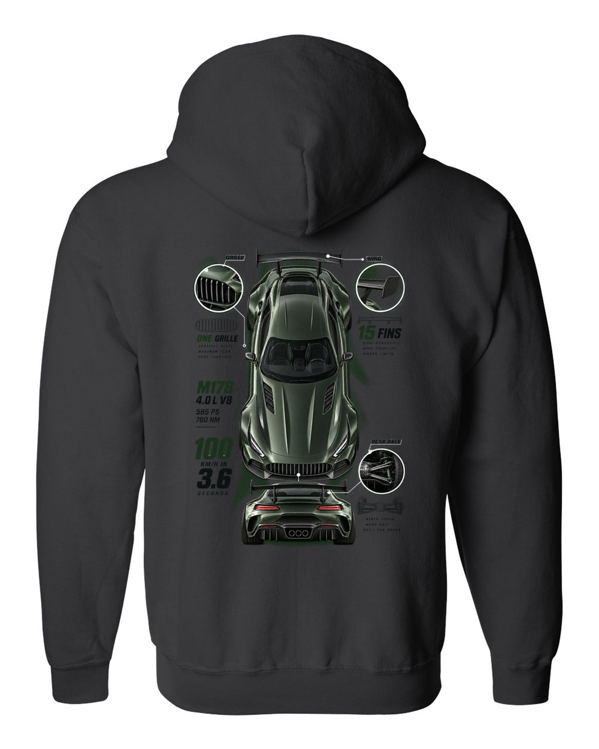 Spec poster print of a Mercedes-AMG GT R C190 with 100 km/h in 3.6 and 15 fins lettering black zip hoodie back view with the design