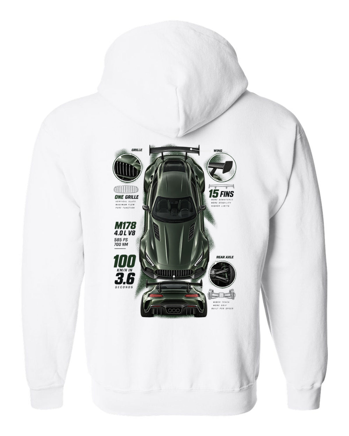 Spec poster print of a Mercedes-AMG GT R C190 with 100 km/h in 3.6 and 15 fins lettering white zip hoodie back view with the design