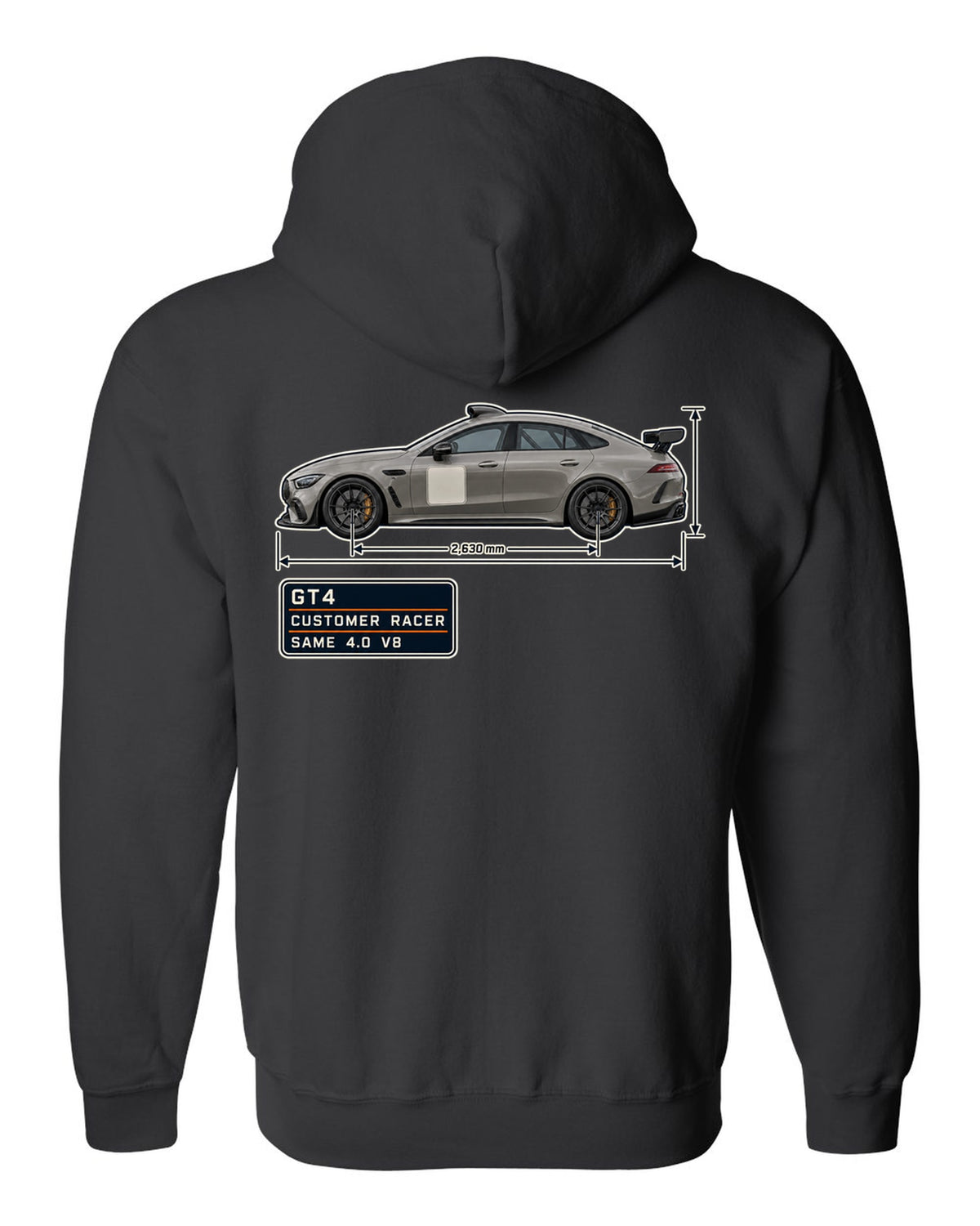Mercedes-AMG GT4 unliveried spec poster print black zip hoodie back view with the design