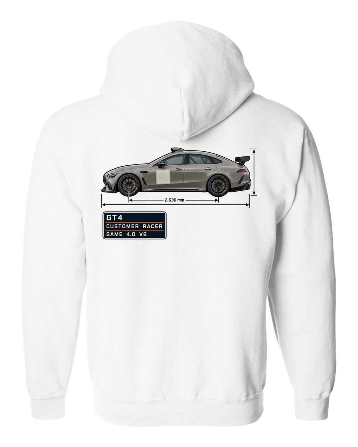 Mercedes-AMG GT4 unliveried spec poster print white zip hoodie back view with the design