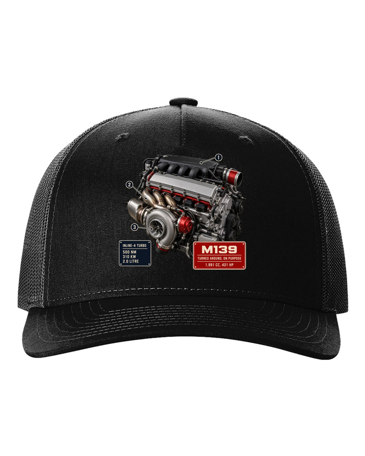 Mercedes-AMG M139 2.0 litre turbo four engine hero print black hat front view with the design
