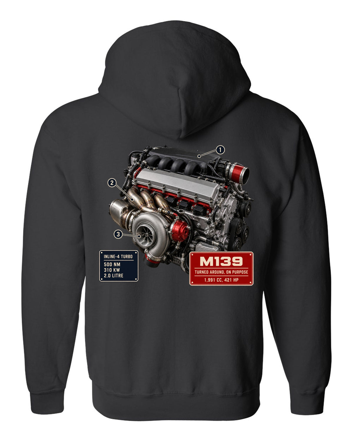 Mercedes-AMG M139 2.0 litre turbo four engine hero print black zip hoodie back view with the design