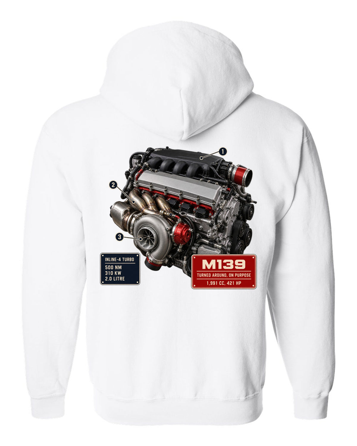 Mercedes-AMG M139 2.0 litre turbo four engine hero print white zip hoodie back view with the design