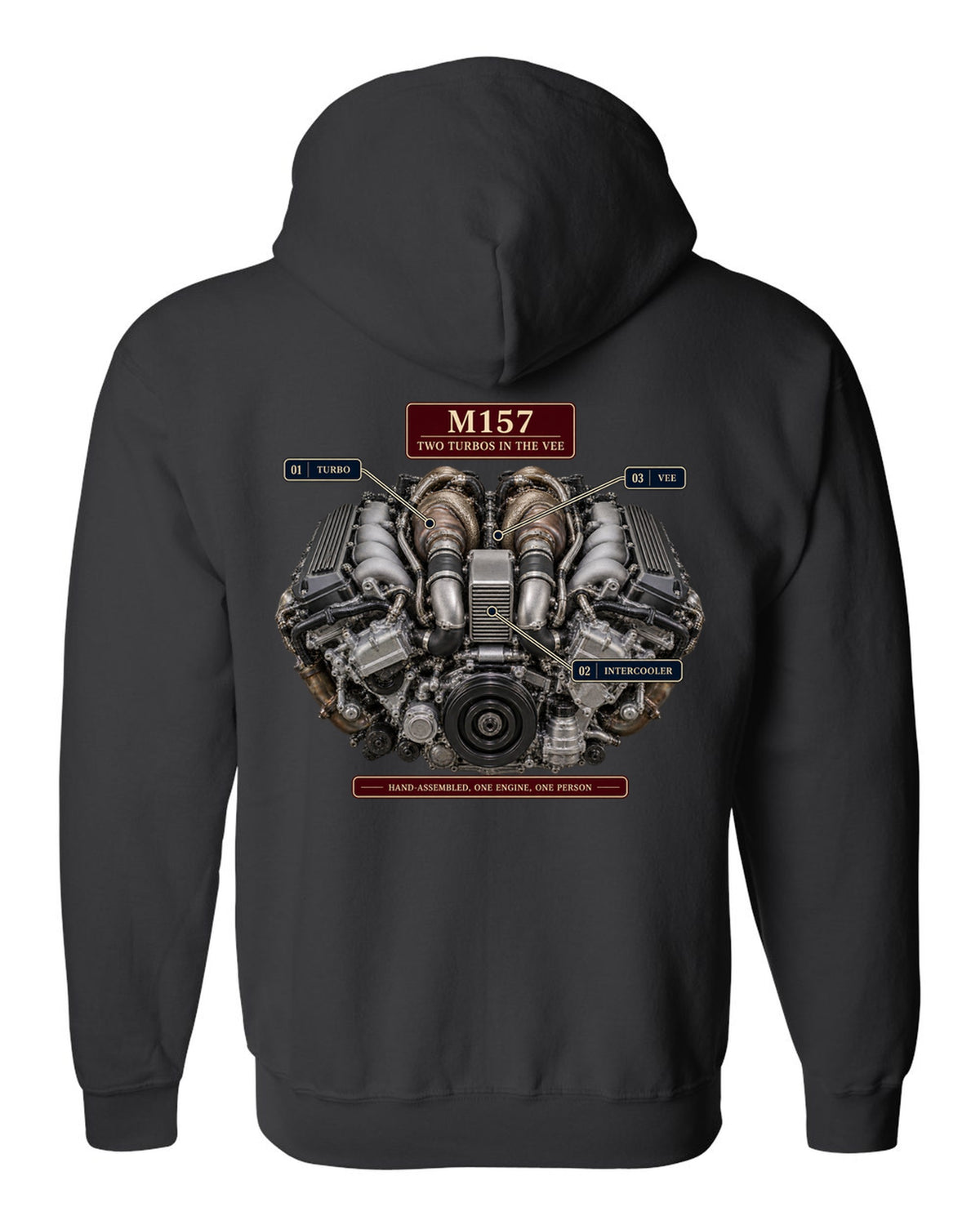 Engine hero print of the Mercedes-AMG M157 5.5 biturbo V8 from the W212 E63 S black zip hoodie back view with the design
