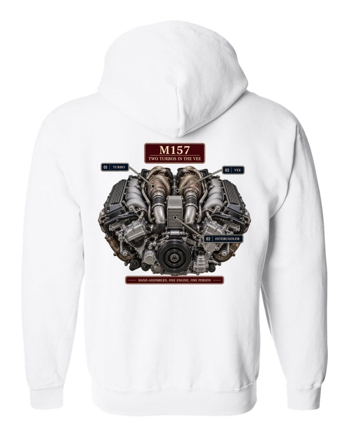 Engine hero print of the Mercedes-AMG M157 5.5 biturbo V8 from the W212 E63 S white zip hoodie back view with the design