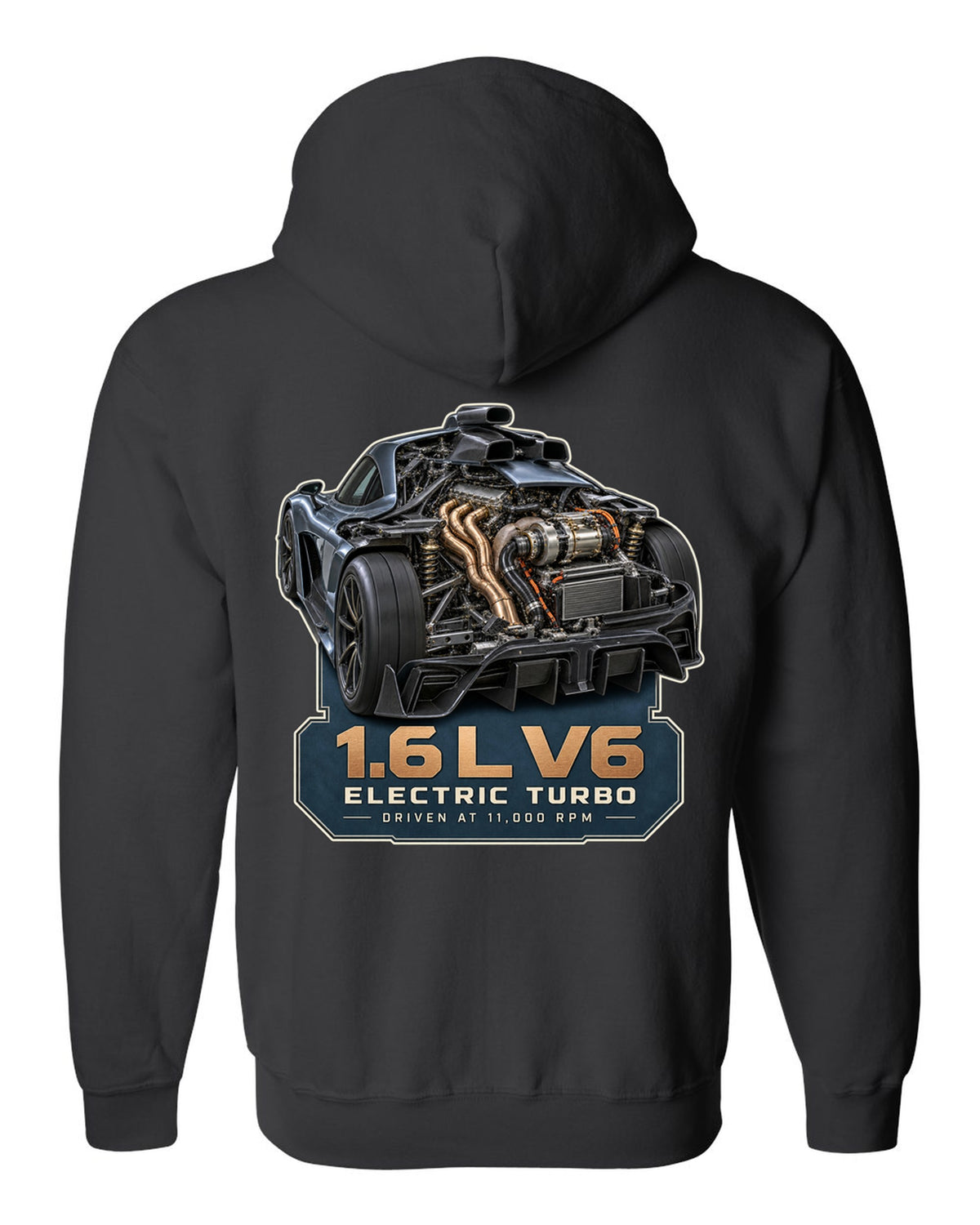 Mercedes-AMG One 1.6 L V6 hybrid power unit engine illustration black zip hoodie back view with the design