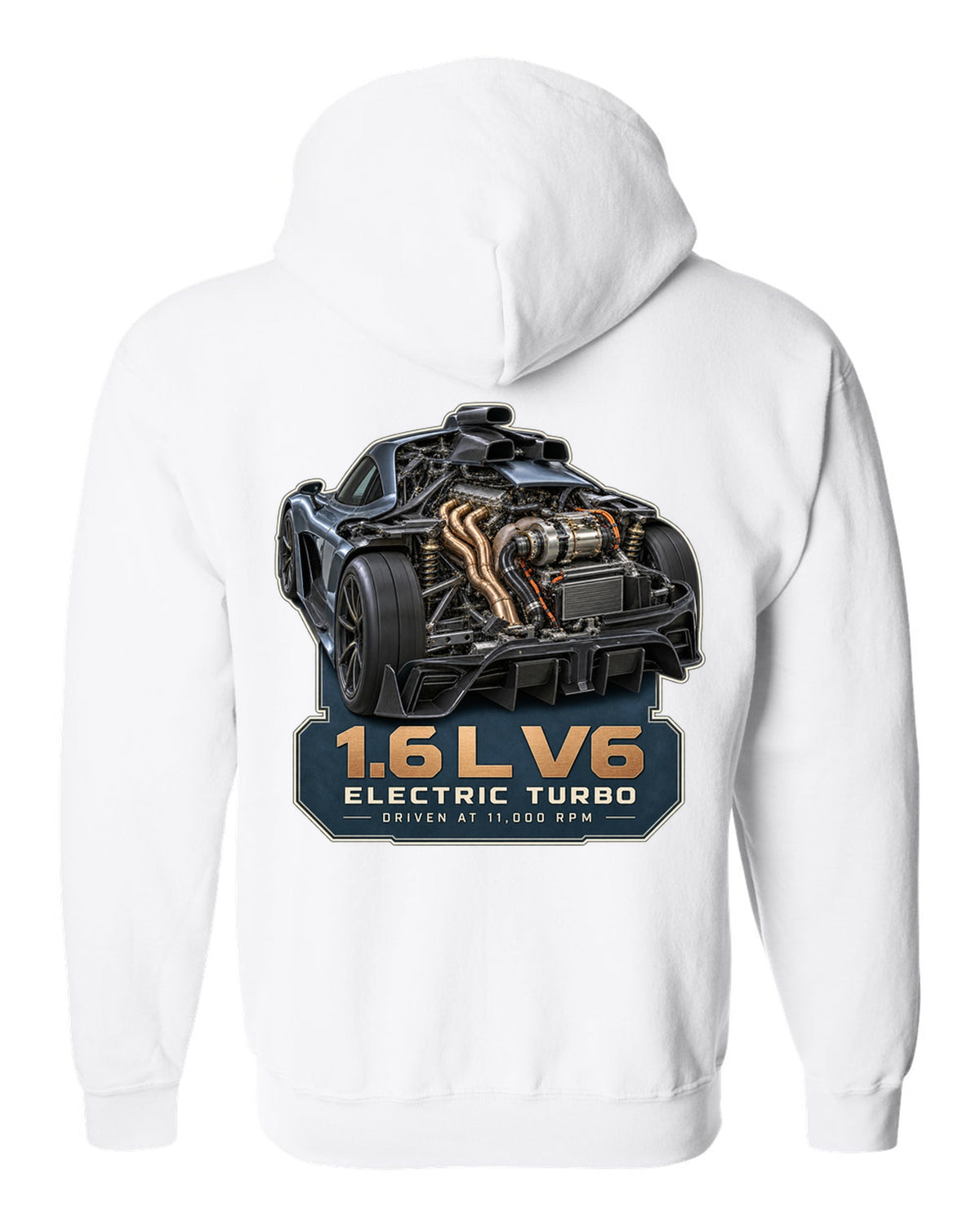 Mercedes-AMG One 1.6 L V6 hybrid power unit engine illustration white zip hoodie back view with the design