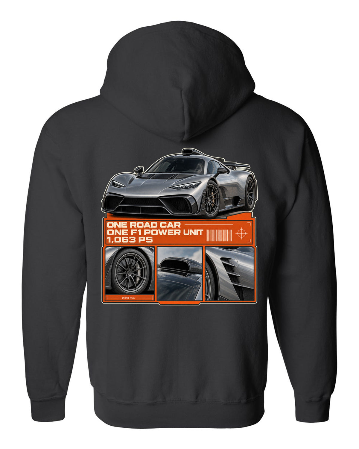 Mercedes-AMG One dossier panel design with three detail views black zip hoodie back view with the design