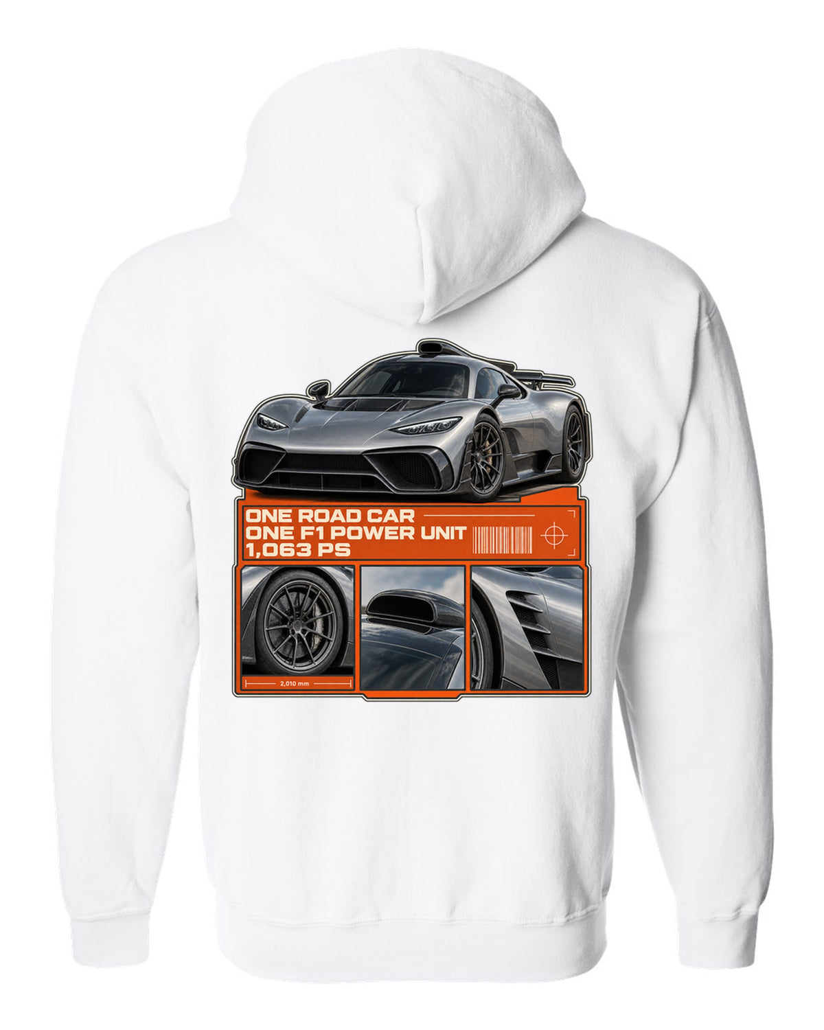Mercedes-AMG One dossier panel design with three detail views white zip hoodie back view with the design