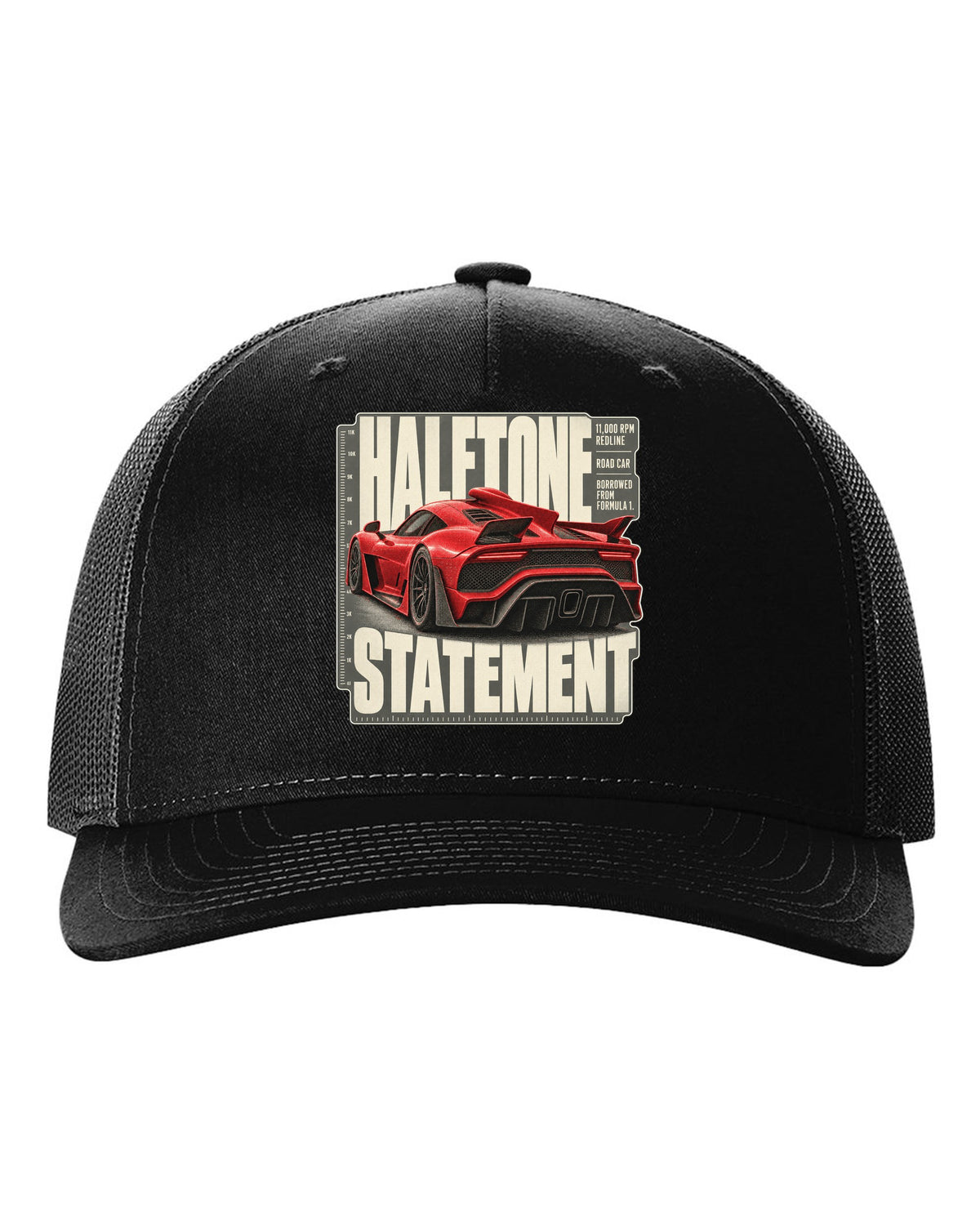 Mercedes-AMG One halftone design of the shark-fin airscoop black hat front view with the design