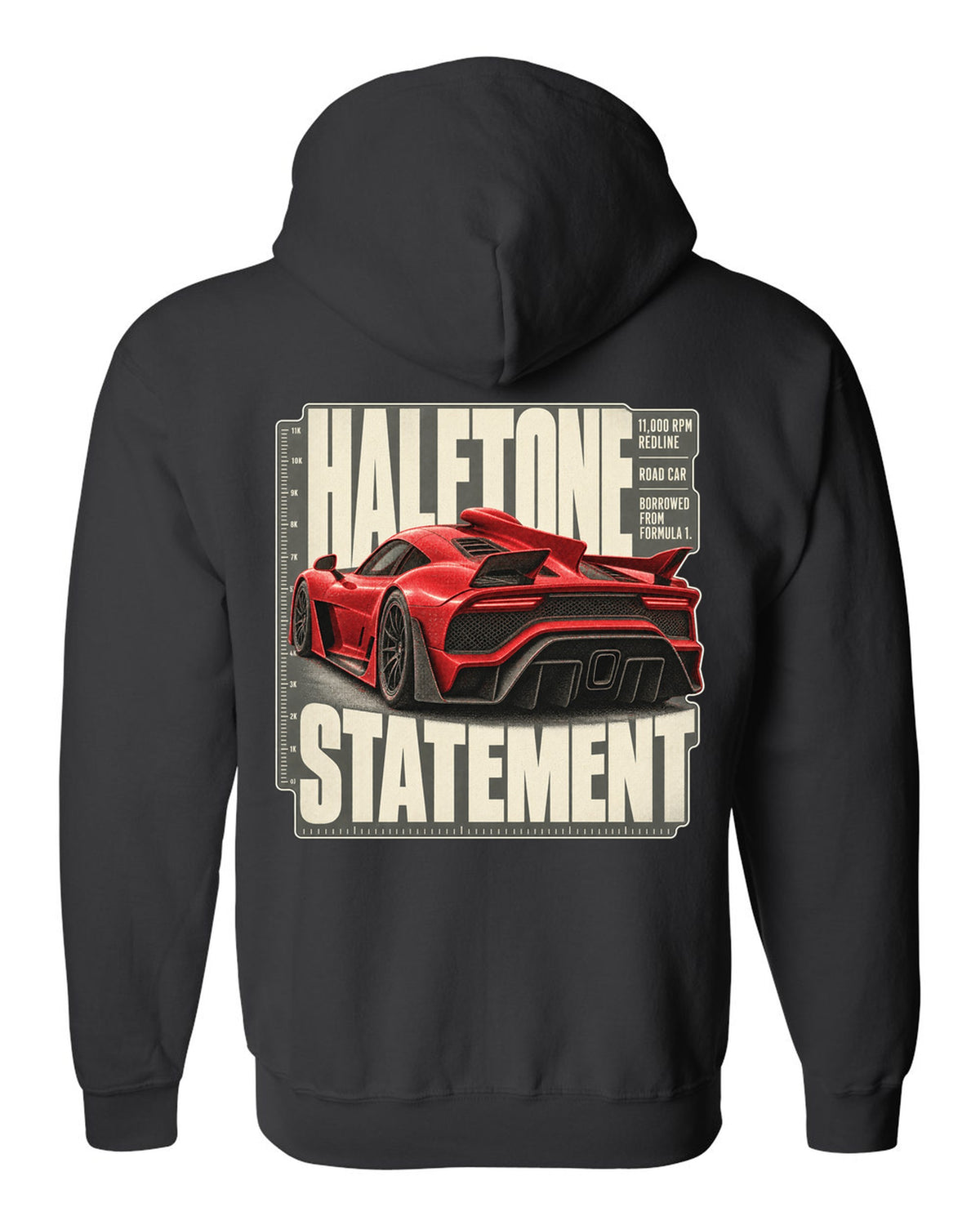Mercedes-AMG One halftone design of the shark-fin airscoop black zip hoodie back view with the design