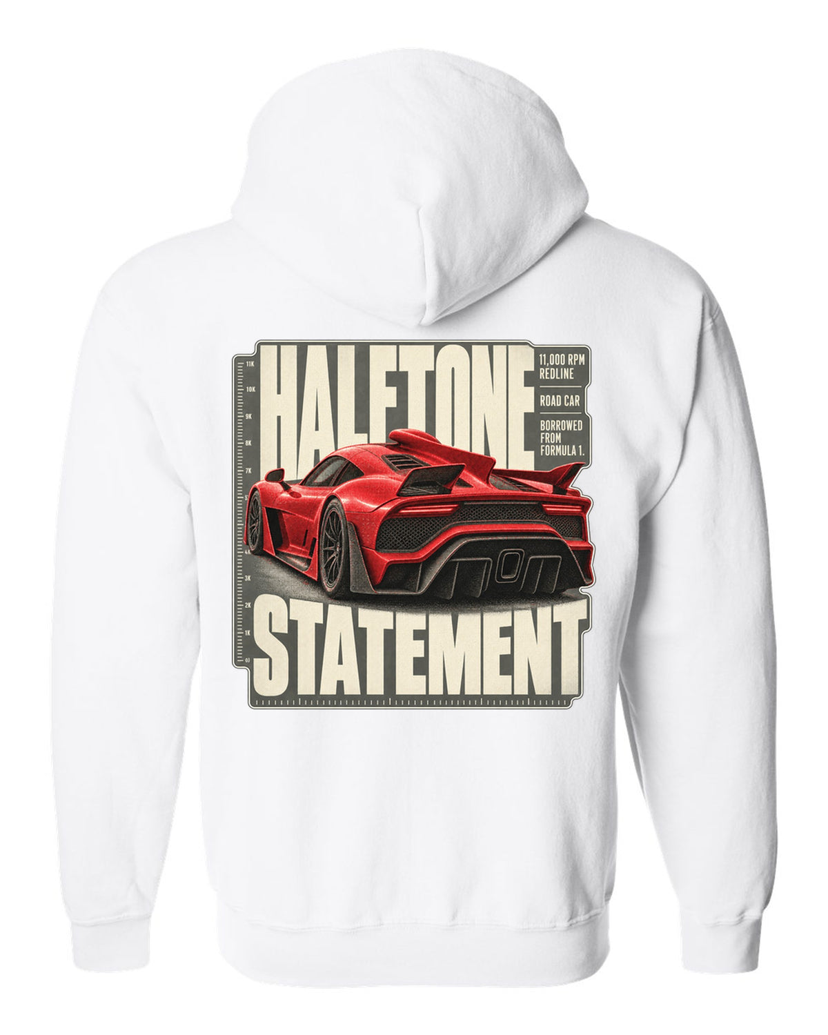 Mercedes-AMG One halftone design of the shark-fin airscoop white zip hoodie back view with the design
