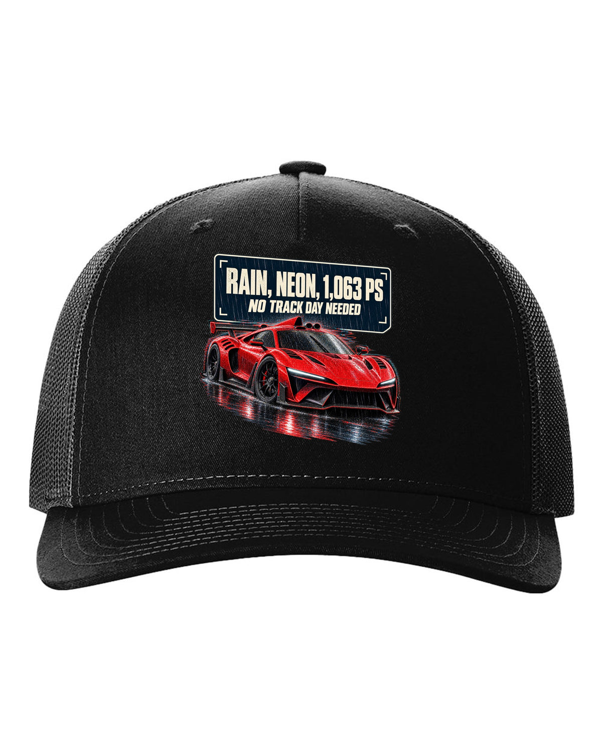 Mercedes-AMG One hypercar on a rainy neon night street black hat front view with the design