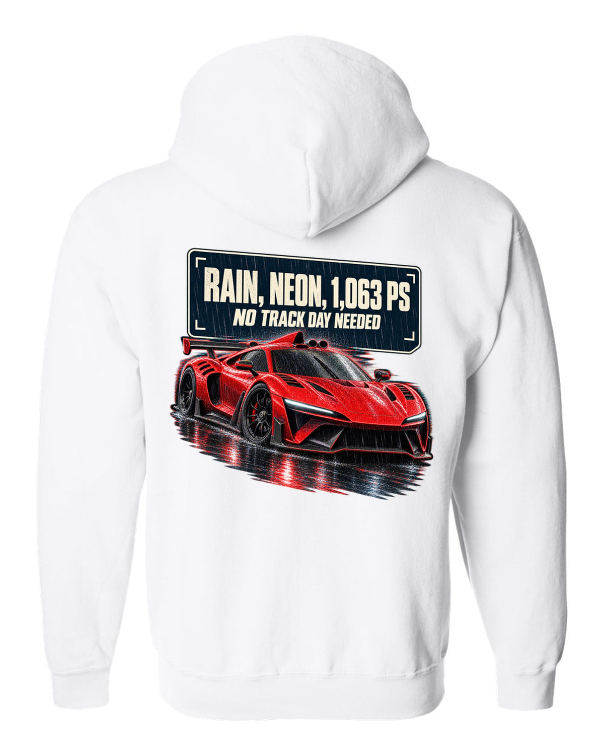 Mercedes-AMG One hypercar on a rainy neon night street white zip hoodie back view with the design