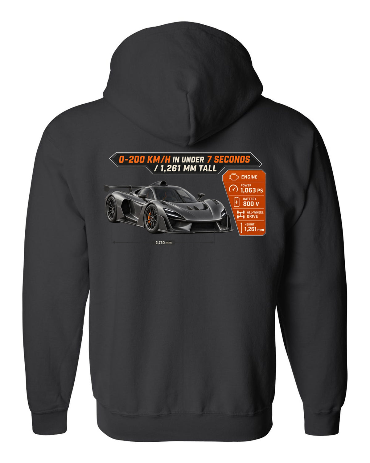 Mercedes-AMG One spec poster design with acceleration and height figures black zip hoodie back view with the design