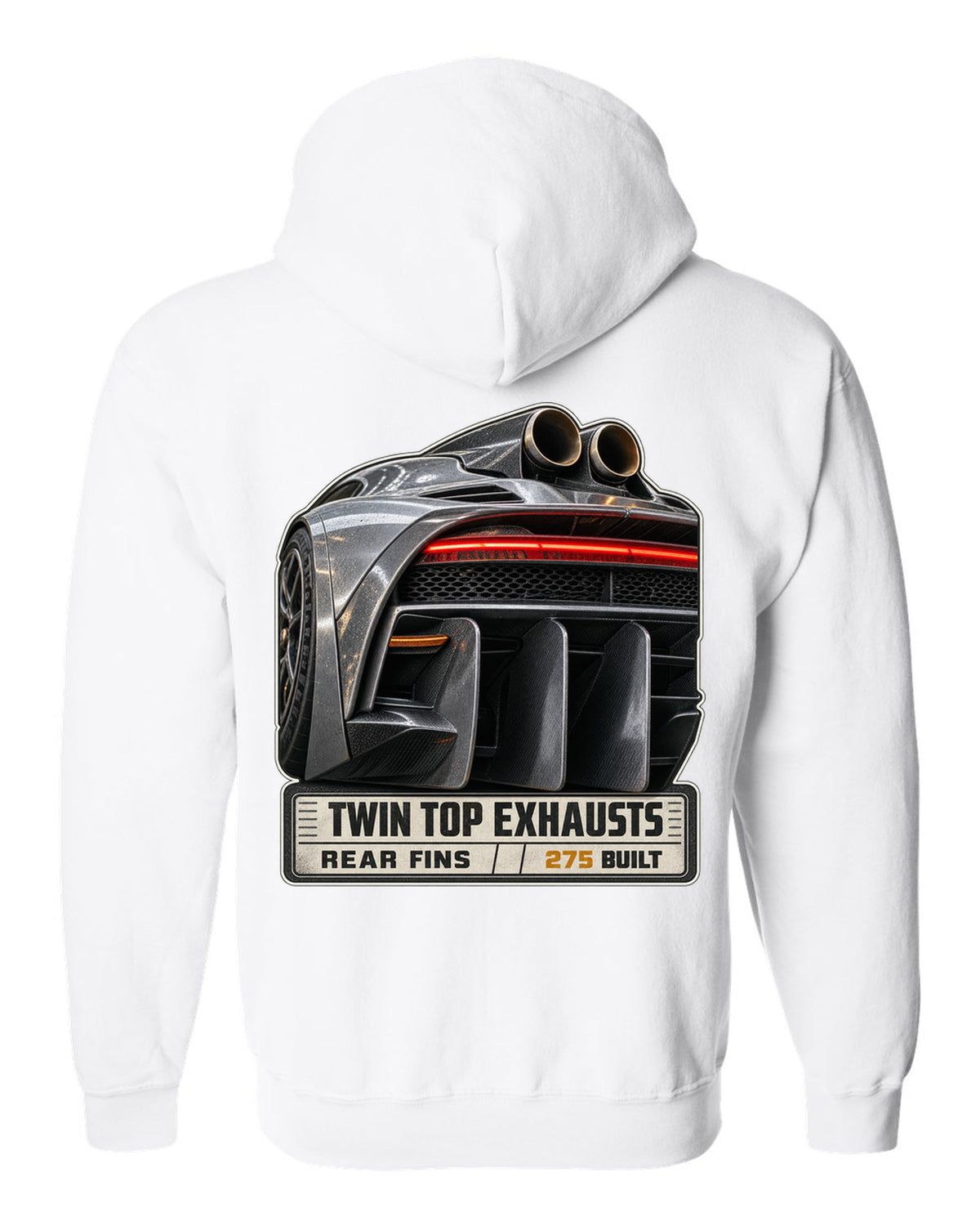 Mercedes-AMG One rear taillight and twin top exhaust macro white zip hoodie back view with the design