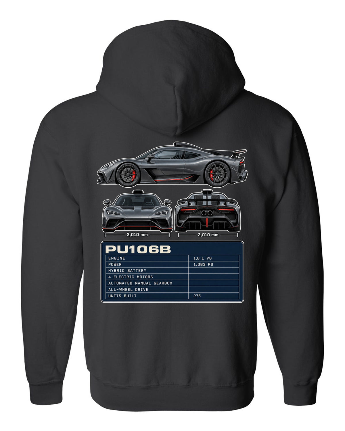 Mercedes-AMG One three-view drawing with PU106B spec table black zip hoodie back view with the design