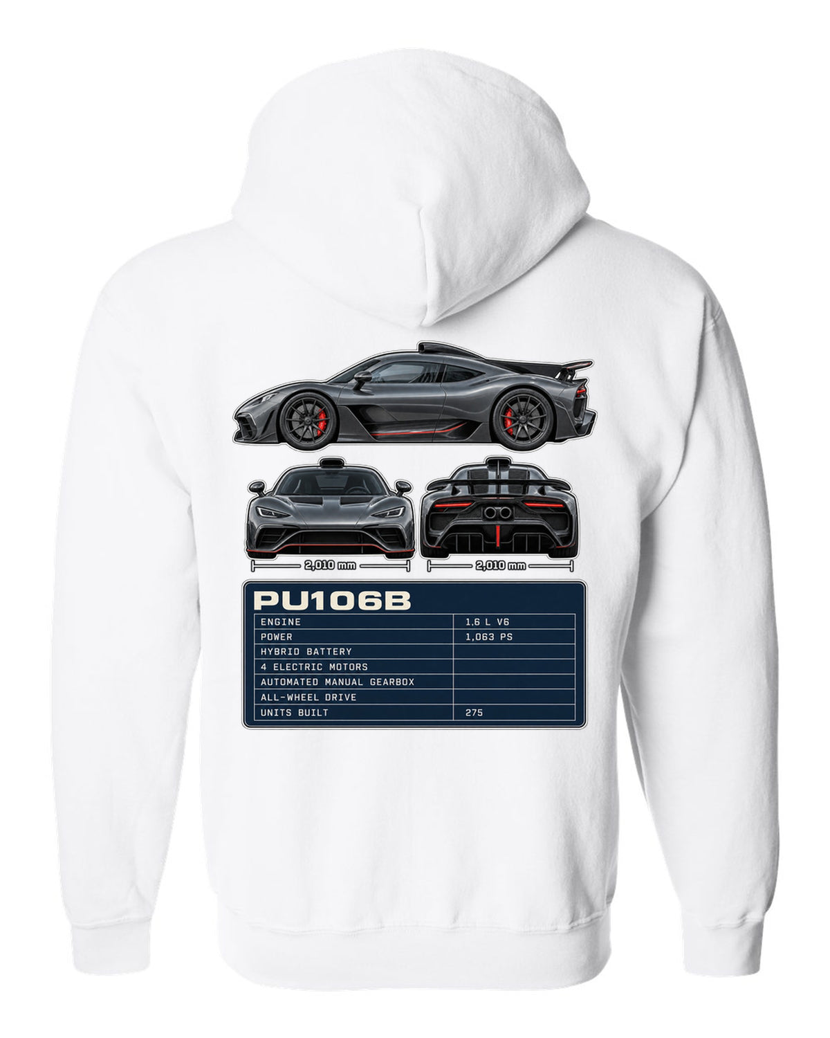 Mercedes-AMG One three-view drawing with PU106B spec table white zip hoodie back view with the design