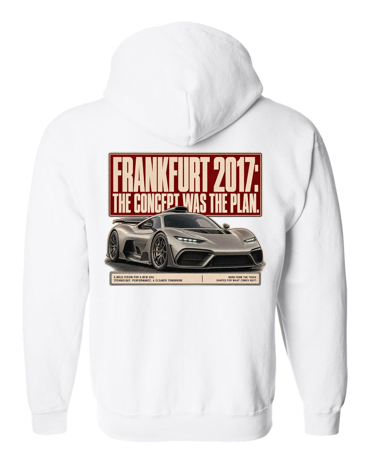 Mercedes-AMG Project One concept Frankfurt 2017 editorial headline design white zip hoodie back view with the design