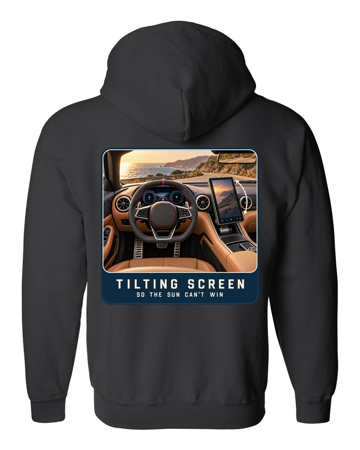 Mercedes-AMG SL63 R232 cockpit driver view with tilting central screen print black zip hoodie back view with the design