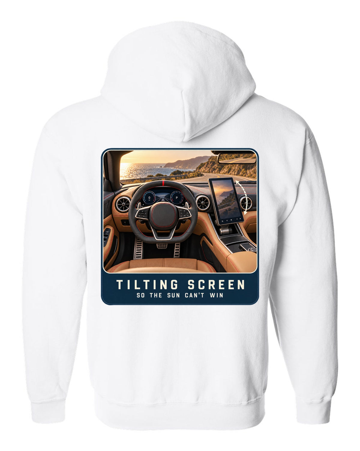 Mercedes-AMG SL63 R232 cockpit driver view with tilting central screen print white zip hoodie back view with the design