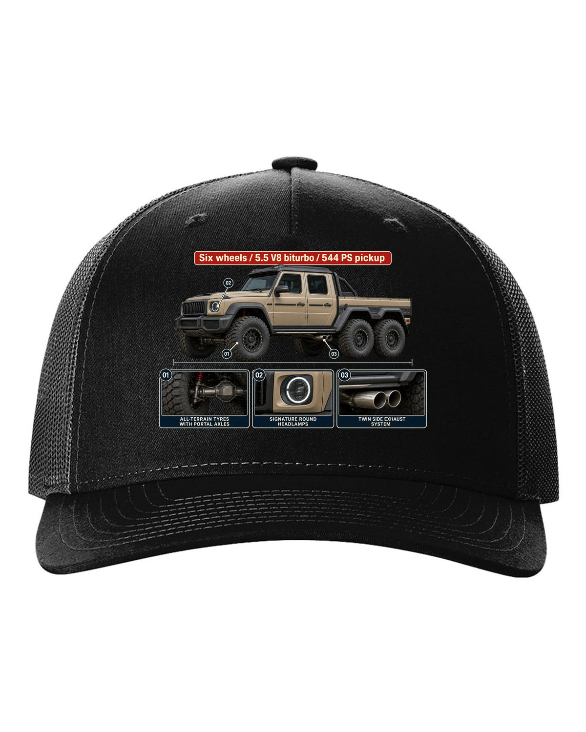 Dossier panel print of a Mercedes-Benz G63 AMG 6x6 W463 pickup black hat front view with the design