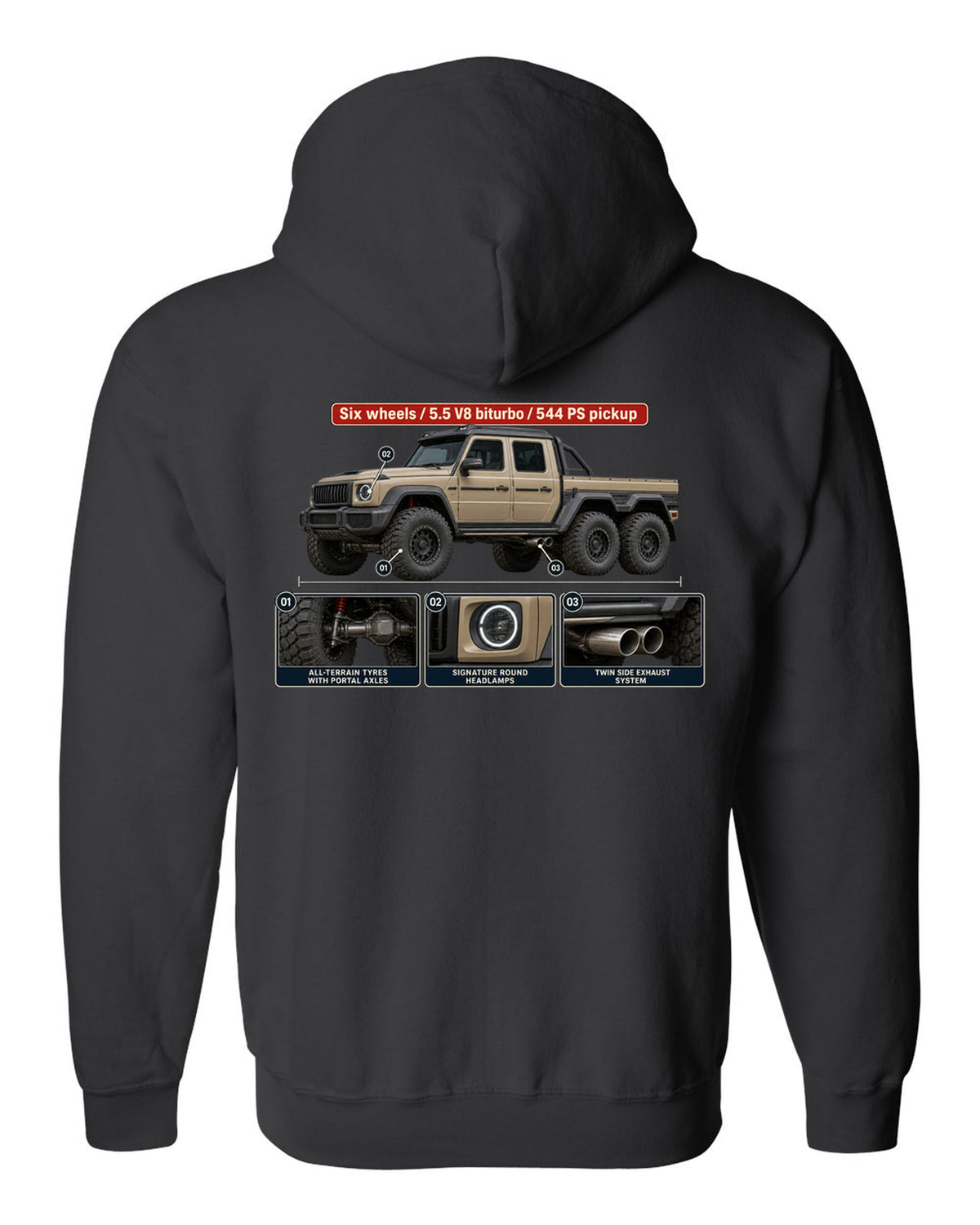 Dossier panel print of a Mercedes-Benz G63 AMG 6x6 W463 pickup black zip hoodie back view with the design