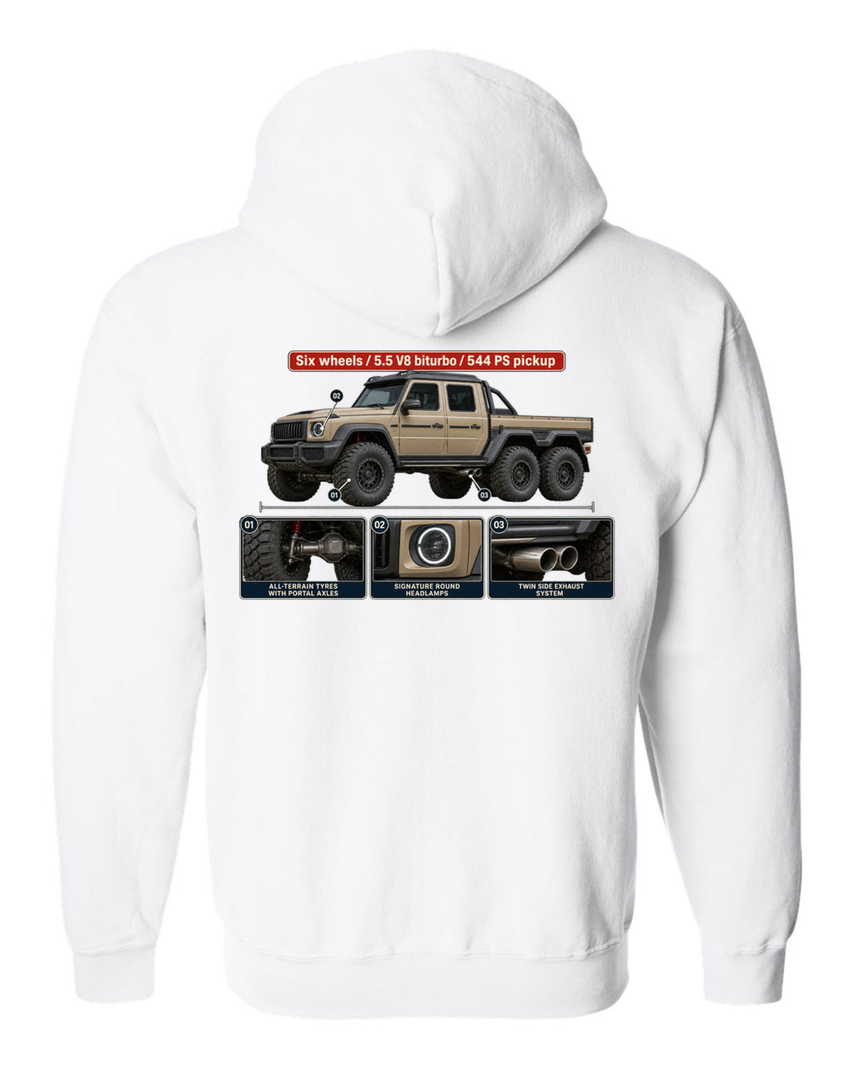 Dossier panel print of a Mercedes-Benz G63 AMG 6x6 W463 pickup white zip hoodie back view with the design